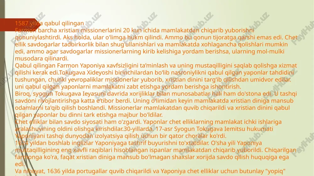 pchiligi (daimyo) parchalana boshladi, ularning boyligi va qudrati pasaydi. samuray instituti zarur moddiy yordamdan mahrum bo'lganligi sababli, u chirigan. bu dehqonlarning shaharga ketishida ham o'z aksini topdi, bunga ularning juda og'ir ahvoli sabab bo'ldi. dehqonlarning bir qismi “tarqalgan manufaktura” tizimi yordamida shahar xoʻjaligiga qoʻshilishga majbur boʻldi. xviii asrda. yaponiyada 90 ta manufaktura, shu jumladan paxta va shoyi to'qish tashkil etilgan. boshqa tomondan, savdo kapitalini qo'llarida ushlab turgan savdogarlarning roli ortdi. bu davrda, deb atalmish qatlam "yangi yer egalari" savdogarlar, sudxo'rlar, badavlat dehqonlar, hatto samuraylar orasidan shakllangan. shunday qilib, kapitalistik tuzilma asta-sekin shakllana boshladi. asta-sekin shaharlarning iqtisodiy va ijtimoiy mavqei mustahkamlanib bordi. ularning aholisi soni ko'paydi. demak, 18-asr boshlarida birgina edolar soni 500 mingdan oshdi.madaniyatning rivojlanishi bilan, ayniqsa, shaharlarda bosma nashrlar tobora koʻpayib bormoqda, amaliy sanʼat asarlari bozorda katta talabga ega boʻlmoqda. : lak, chinni, bo'yalgan matolar. ularning ro'yxati aholi turmush darajasi va iste'mol darajasi oshgani sayin kengayib bordi. shahar aholisining …