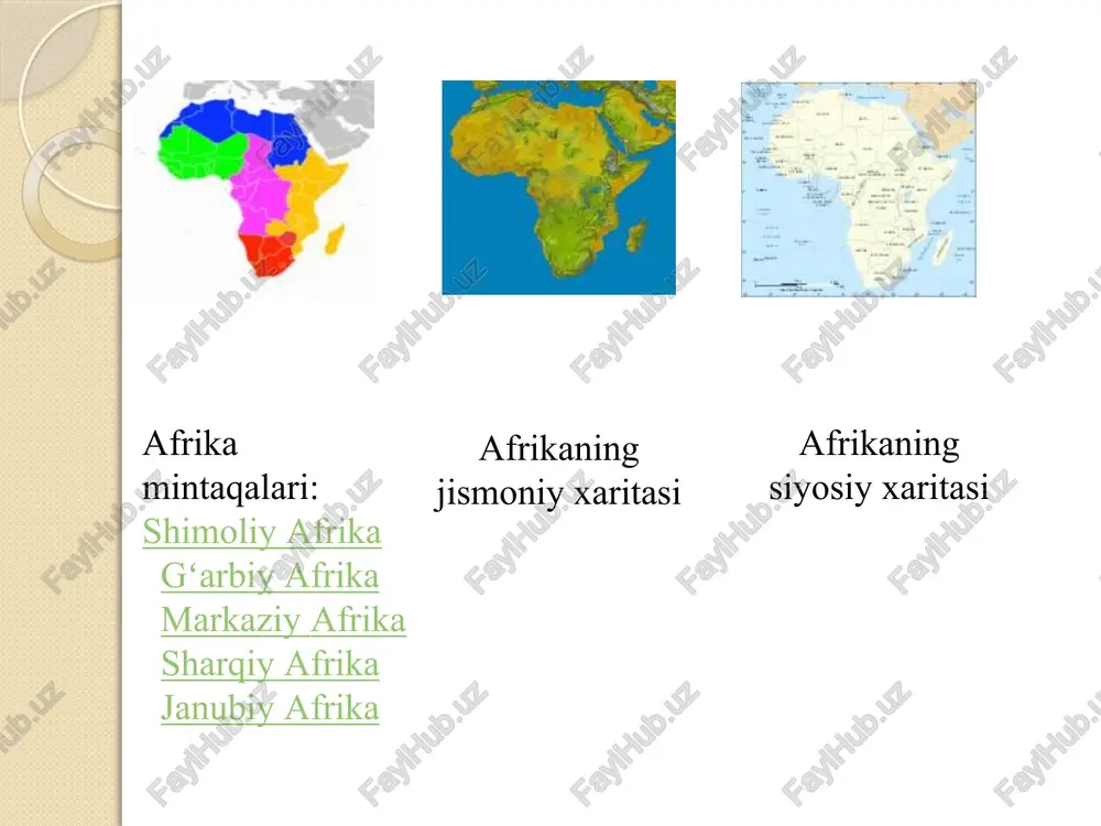 aklar juda koʻp. savanna, chala choʻl va choʻllarda oʻtxoʻr hayvonlar: jayranlar (40 ga yaqin turi bor), zebra, jirafa, karkidon, begemot, buyvol, fillar; yirtqichlardan arslon, qoplon, gepard, silovsin va sirtlonlar: hasharotlardan termitlar va setse pashshasi koʻp. noyob hayvonlar qoʻriklanadi. oʻrganilish tarixi shim. afrika qirgʻoqpari miloddan avvalgi 2-asrdan boshlab misrliklarga maʼlum edi. milodgacha boʻlgan 6-asrda materik qirgʻoqlari boʻylab finikiyaliklar suzib chiqqanlar. milod boshlarida indoneziyaliklar madagaskar o.ni kashf etib, uning sharqiy qirgʻoklarini egalladilar. arablar oʻrta asrda shim. afrikani egallab boʻlgach, uning sharqiy qismiga borganlar. afrikaning gʻarbiy qirgʻoqlari portugallarning hindistonga boruvchi dengiz yoʻllarini qidirish vaqtlaridan maʼlum boʻlgan. 1443—44 ylarda n. trishtan mavritaniya qirgʻoklarini kashf etdi. shu davrdan boshlab qul sotish ishlari boshlandi. 15-asrdagi b. diash, vasko da gamalarning afrikaga sayohatlari maʼlum. 16-asrda materik qiyofasi maʼ-lum boʻlgan edi. materik ichki qismlarini 16—18-asrlarda portugallar, ingliz va fransuzlar oʻrgana boshladilar. 19-asrdan boshlab materik ichki rayonlari yanada mukammal oʻrganila boshladi (d. livingston, g. bart, j. spik, g. m. …