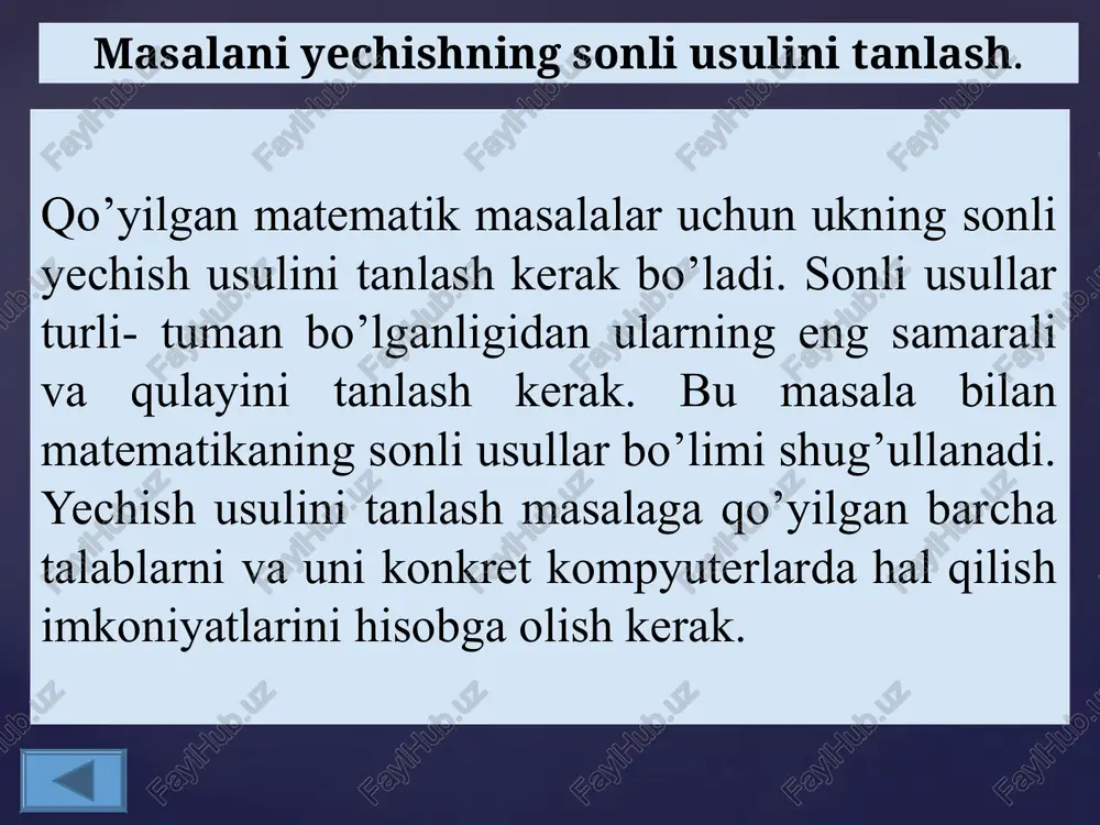 i chiqarish tamom misol. uchta haqiqiy son berilgan shu sonlarning yig’indisi, ko’paytmasi, o’rta arifmetigi va o’rta geometrigini hisoblash algoritmini tuzing. boshlash algoritmning boshi a , b , c a, b, c sonlarini kiritish s=a+b+c p=aּ bּ c a, b, c sonlar yig’indisini hisoblash a, b, c sonlar ko’paytmasini hisoblash o’rta arifmetikni hisoblash o’rta geometriukni hisoblash natijalarni chiqarish s, p, ua, ug tamom hisoblashni tugatish { 1. algoritm javobini aniqlang : 1. boshlash. 2. x:=3; y:=2; x:=sqrt(y)*2 hisoblansin. 3. x:=sqr(x)+y hisoblansin 4. x va y chiqarilsin. 5. tamom. a) 8 va 2 b) 2 va 8 c) 10 va 2 d) 2 va 10 2. algoritm javobini aniqlang : 1. boshlash. a:=1; b:=2; a:=3 bajarilsin a, b va a ni qiymati chiqarilsin tamom. a) 1;2;3 b) 1;1;3 c) 2;1;3 d) 3;2;3 natijani aniqlang a) 13;10;16 b) 10;16;13 c) 47;120;13 d) 120;13;26; boshlash tamom d, y, x x=2; y=4; d=5 x=2*y+d d=2*y+3*x …