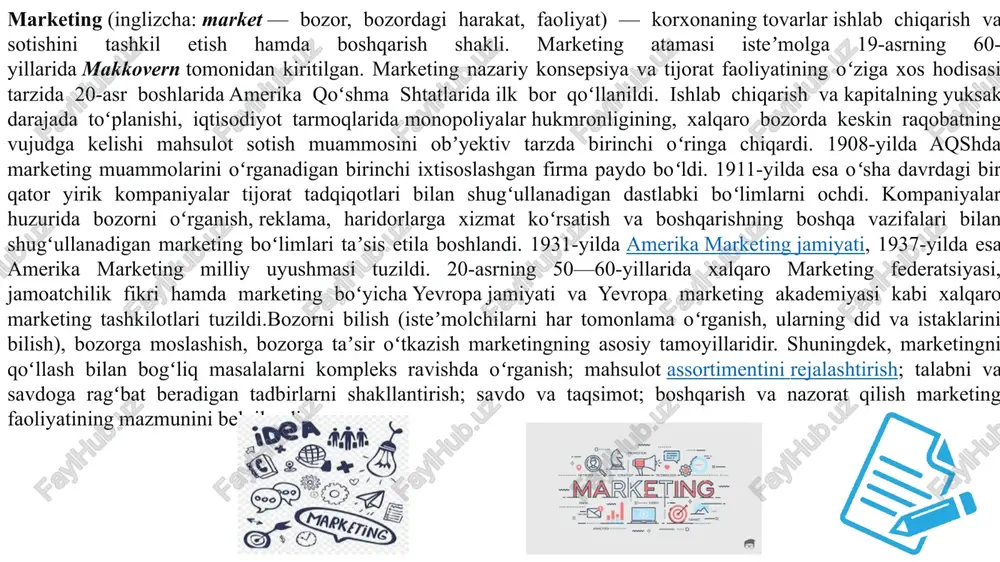 lus) - (bunga marka, sotishdan keyingi xizmat, kafolat va texnik yordam, yetkazib berish, assortiment, shaxsiy iste’mol va boshqalarni kiritish mumkin). marketing bu nafaqat falsafa, fikrlash tarzi va iqtisodiy tafakkur yo‘nalishi, ammo ayrim firma, kompaniya, tarmoq va butun iqtisodiyot bo‘yicha amaliyot faoliyati hamdir. aqsh va boshqa xorijiy davlatlar iqtisodiy adabiyotlarida marketing ta‘rifini ko‘p turlari mavjuddir. eng keng tarqalgan marketing ta’rifi, u amerika marketing assotsiatsiyasi tomonidan berilgan bo‘lib, uning mazmuni quyidagichadir, ya’ni «marketing» shunday jarayondan iboratki, uning yordamida uylangan g‘oya rejalashtiriladi va amalga oshiriladi, narxlar tashkil etiladi, g‘oyalar, tovarlar va xizmat ko‘rsatishlar harakati va sotishni, ayrim shaxslar va tashkilotlarni maqsadlari ayirboshlash yordamida qondiriladi». marketingga olimlar turlicha ta’rif berganlar. i.k.belyaevskiy shunday degan: «marketing - bu bozorni o‘rganish va tartibga solish, boshqarish tizimidir». jan-jak lamben esa marketingga shunday ta’rif beradi: «marketing tashkilotlar va kishilarni xohish va ehtiyojini tovarlar va xizmatlarini erkin raqobatli ayirboshlashni ta’minlash yo‘li orqali qondirishga yo‘naltirilgan ijtimoiy jarayondir», «marketing - bu bir …