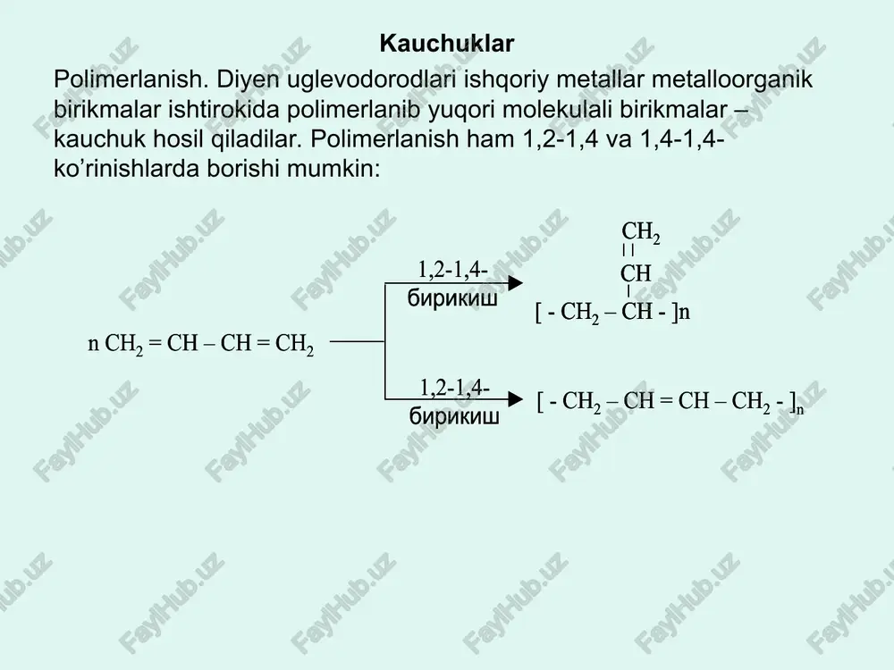 a,b,c va d moddalarni aniqlang? zn br2 koh(sp) br2 1,4-dixlorbutan → a → b → c → d 7. 1360 g 4%-li bromli suvni rangsizlantirish uchun pentin, pentadiyen va pentendan iborat aralashmadan (pentenning hajmiy ulushi 30%) qancha hajm (l, n.sh.) sarflanadi? 4,48 8. hcl koh(sp) kmno4+h2o al2o3, t0 hbr (ch3)2chc(ch3)ch2 → a → b → c → d → e. oxirgi (e) maxsulotni aniqlang? 9. 1 2 3 butan → 2-metilpropan → izobuten → 3-xlor-2-metilpropen-1. o’zgarishlar borishi uchun zarur bo’lgan shartlarini (katalizatorlar va sharoitlar) aniqlang? fecl3 b) harorat c) alcl3 d) koh(spirt) e) lialh4 j) cr2o3 z) quyosh nuri k) yuqori bosim 10. propin bilan atsitilen o’zaro dimerlanishidan hosil bo’ladigan moddani aniqlang? penten-2-in-3 ch 3 – ch 2 – ch 2 – ch 3 ch 2 = ch – ch 2 – ch 3 + h 2 cr 2 o 3 600 0 c ch 2 = ch – ch …