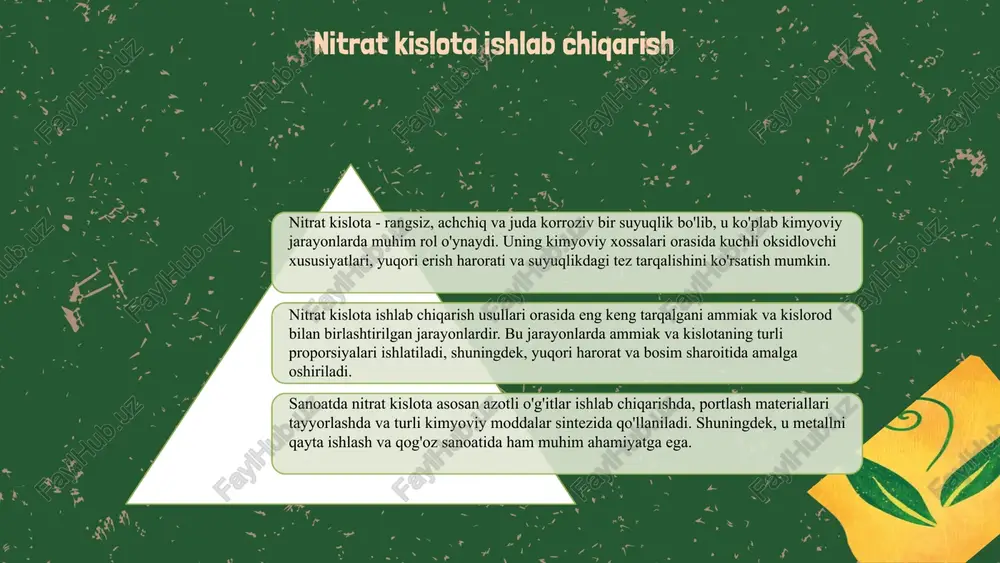 qo'llanilishi oʻgʻitlar bilan ishlashda xavfsizlik qoidalariga rioya qilish zarur. shaxsiy himoya vositalarini foydalanish va ehtiyotkorlik bilan yondashish muhimdir. xavfsizlik qoidalari oʻgʻitlarning samaradorligini oshirish uchun tuproq tahlili asosida qo'llash va o'g'itlarni vaqtida berish kabi usullar mavjud. samaradorligini oshirish usullari azotli kaliyli oʻgʻitlar ekinlarni o'sishiga ijobiy ta'sir ko'rsatadi. to'g'ri yondashuv va strategiya zarur, ilmiy asoslangan yondashuvlar muhim. yakuniy fikr azotli kaliyli oʻgʻitlar: xulosa azotli va kaliyli oʻgʻitlar qishloq xoʻjaligida muhim rol o'ynaydi. ular: - o'simliklarning o'sishiga yordam beradi. - tuproq unumdorligini oshiradi. - o'simliklarda azot va kaliy muvozanatini ta'minlaydi. kelajakda oʻgʻitlar bilan bogʻliq tadqiqotlar ekologik toza va barqaror qishloq xoʻjaligini rivojlantirishga qaratiladi. buning uchun yangi texnologiyalar va metodologiyalar ishlab chiqilishi zarur. ammiakli selitra: kirish ammiakli selitra nima? ammiakli selitra - ammiak va nitrat kislotalaridan tayyorlangan azotli o'g'it. u qishloq xo'jaligida ko'plab foydali xususiyatlarga ega. uning kimyoviy tarkibi ammiakli selitra hno3 va nh4no3 kimyoviy birikmalaridan iborat. ularning aralashmasi azotni samarali ta'minlaydi. asosiy qo'llanilishi …