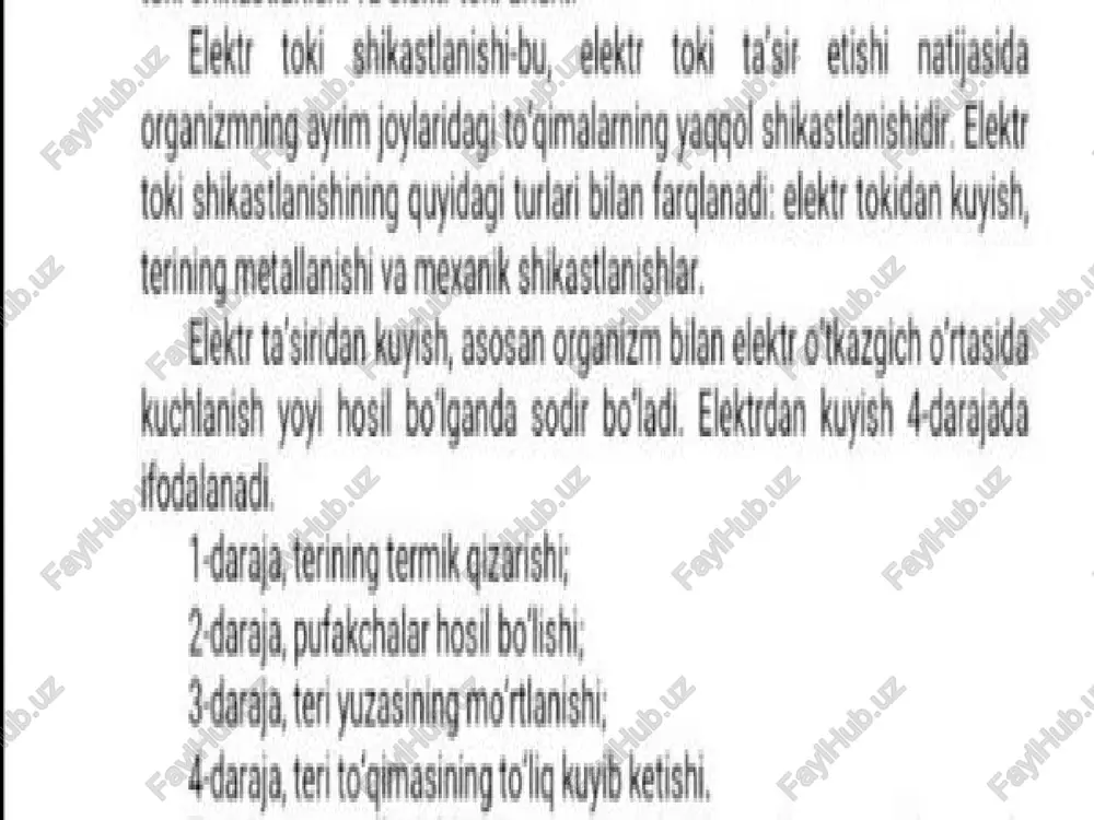 gi elektr jarohat (1000 v) qutgaruvchi dilektrik oyog kiyim va qo iqoplar yordamida ishlashi kerak. barcha qutqaruv ishlari simlardan o‘tayotgan kuchlanishga mo’ ljallangan shtanga yoki maxsus iskanja yordamida amalga oshirilishi zarur. jabrlanuvehiga birinchi yordam ko'rsatishda xavfsizlik qoidalariga rioya qiling. elektr xavfsizlik asoslari ss aa y a ® &.