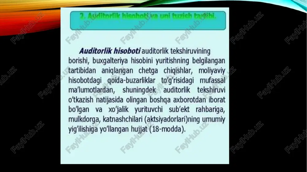 risidagi fikrni shakllantirish 20. auditorlik tashkiloti auditorlik tekshiruvi natijalariga ko‘ra quyidagilarga baho berishi lozim: auditorlik faoliyati to‘g‘risidagi qonun hujjatlariga muvofiq fikr bildirish uchun yetarli va lozim darajadagi dalillar olinganligiga; alohida-alohida yoki umumiy birgalikda olinganda tuzatilmagan buzib ko‘rsatishlar auditorlik faoliyati to‘g‘risidagi qonun hujjatlariga muvofiq muhim hisoblanishiga; qabul qilingan hisob siyosatining asoslanganligiga va uning buxgalteriya hisobi to‘g‘risidagi qonun hujjatlari talablariga muvofiqligiga; moliyaviy hisobotda aks ettirilgan axborotning ishonchli, qiyoslanuvchanli, tushunarli va o‘rinli ekanligiga; moliyaviy hisobotning buxgalteriya hisobi va moliyaviy hisobotni tuzishga doir normativ-huquqiy hujjatlar talablariga muvofiqligiga. 21. auditorlik xulosasida auditorlik tashkilotining ijobiy yoki modifikatsiyalangan fikri ifodalanishi mumkin. image2.png image3.png image4.jpeg image5.jpeg image6.jpeg image7.jpeg image8.png image1.png 4 koay ushatilalarini ~ “umumlashtirish va x baholash. j auditorlik hisoboti va uni > 2x) tuzish tartibi. ( auditorlik xulosasi va uni» tuzish tartibi. auditorlik hisoboti auditorlik tekshiruvining borishi, buxgalteriya hisobini yuritishning belgilangan tartibidan aniglangan chetga chiqishlar, moliyaviy hisobotdagi qoida-buzarliklar_to’g’risidagi_ mufassal ma‘lumotlardan, shuningdek auditorlik _tekshiruvi o'tkazish natijasida olingan …