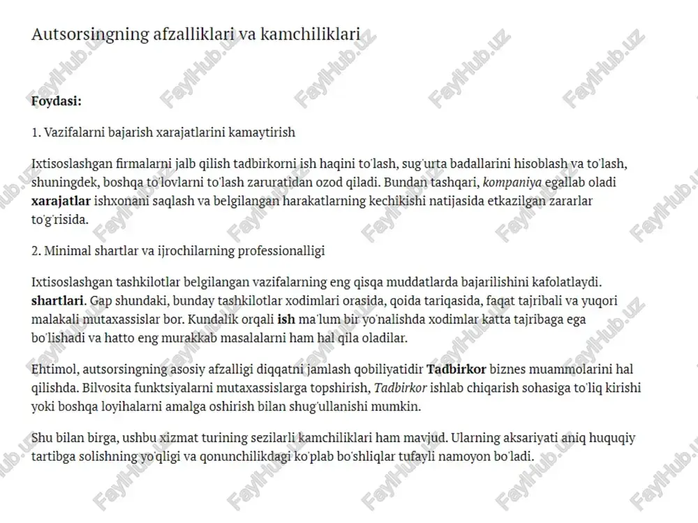 ing asosiy magsadi muayyan faoliyatning muvaffaqiyatga erishish ehtimolini aniglashdir. ushbu kontseptsiyani to'tig yoritish uchun benchmarkingning asosiy vazifalarini batafsilrog ko'rib chigishga arziydi: kompaniya ganchalik raqobatbardosh ekanligini, uning zaif tomonlari nimada ekanligini aniqlash; qanday o'zgarishlar ilish kerakligini belgilang; kompaniya faoliyatini yaxshilash rejasini ishlab chigish; biznes yuritishda yangi yondashuvlarni ishlab chigish; hozirgidan ko'ra globalrog bo'lgan uzog muddatli magsadlarni qo'ying. benchmarking usullari va bosqichlari benchmarking metodologiyasi ma lum bosgichlarni o'2 ichiga oladi: « ishlab chigaruvchi yoki sotuvchi biznesining o'ziga xos funktsiyasi tanlangan; . taggoslash uchun parametrlar tanlanadi. bu bitta mezon yoki guruh bo'lishi mumkin; . shu kabi ishlab chigaruvchilar yoki sotuvchilar hagida ma'lumotlar yig'iladi; . qabul gilingan ma'lumotlar diqaat bilan tahlil gilinadi; . rejalashtirilgan o'zgarishlar bo'yicha biznes-keys tayyorlanmoqda; 4 2. 3. 4 5. ushbu funktsiyaga kiritiladigan o'zgartirishlar loyihasi ishlab chigilmoqda; 6. 7. o'zgarishlar kompaniyaning amaliy faoliyatiga tatbiq etilmoqda; 8. . amalga oshirilgan o'zgarishlarning borishi nazorat gilinadi va ularga yakuniy baho beriladi. benchmarking turlari benchmarkingni …
