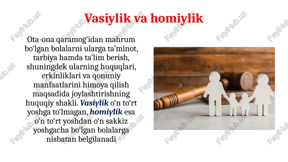 uroven tretiy uroven chetvertiy uroven pyatiy uroven obrazets teksta vtoroy uroven tretiy uroven chetvertiy uroven pyatiy uroven 12.09.2022 ‹#› obrazets zagolovka obrazets teksta obrazets teksta vtoroy uroven tretiy uroven chetvertiy uroven pyatiy uroven obrazets teksta obrazets teksta vtoroy uroven tretiy uroven chetvertiy uroven pyatiy uroven 12.09.2022 ‹#› obrazets zagolovka 12.09.2022 ‹#› 12.09.2022 ‹#› obrazets zagolovka obrazets teksta vtoroy uroven tretiy uroven chetvertiy uroven pyatiy uroven obrazets teksta 12.09.2022 ‹#› obrazets zagolovka obrazets teksta 12.09.2022 ‹#› obrazets zagolovka obrazets teksta vtoroy uroven tretiy uroven chetvertiy uroven pyatiy uroven 12.09.2022 ‹#› obrazets zagolovka obrazets teksta vtoroy uroven tretiy uroven chetvertiy uroven pyatiy uroven 12.09.2022 ‹#› bola ( bolalar ) — o‘n sakkiz yoshga to‘lgunga ( voyaga yetgunga ) qadar bo‘lgan shaxs ( shaxslar ) bolaning qonuniy vakillari — ota-onalar , farzandlikka oluvchilar , vasiylar , homiylar yetim bola — otasi ham, onasi ham vafot etgan yoki ular sud qaroriga binoan vafot etgan …