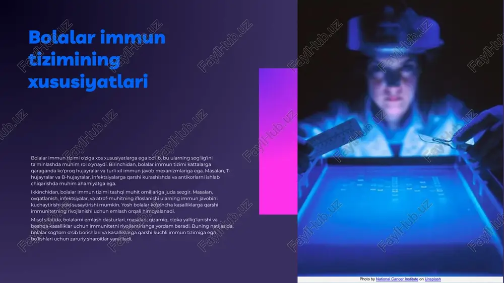 rligini oshiradi. asosiy komponentlar sog'lom turmush tarzining asosiy komponentlari to'g'ri ovqatlanish, muntazam jismoniy mashqlar va stressni boshqarishdir. ushbu omillar immun tizimini kuchaytiradi va organizmni kasalliklardan himoya qiladi. qoidalar sog'lom turmush tarzini saqlash uchun quyidagi qoidalarni amal qilish lozim: 1. har kuni meva va sabzavotlar iste'mol qilish; 2. jismoniy mashqlarni muntazam ravishda bajarish; 3. yaxshi uyquni ta'minlash; 4. stressni boshqarish uchun meditatsiya yoki sport qilish. ta'sirlar sog'lom turmush tarzi immun tizimining faoliyatini yaxshilaydi. to'g'ri ovqatlanish va jismoniy faollik organizmni kuchaytiradi, bu esa kasalliklar bilan kurashishda yordam beradi. immun tizimi zaif bolalar uchun parvarish tavsiyalari kirish: immun tizimi zaif bolalar uchun to‘g‘ri parvarish juda muhimdir. bu bolalarning sog‘lig‘ini qo‘llab-quvvatlash va kasalliklardan himoya qilishda katta rol o‘ynaydi. oziqlanish: immun tizimini mustahkamlash uchun vitaminlar, masalan, c va d vitaminlari, shuningdek, sink kabi mineral moddalar muhim ahamiyatga ega. to‘g‘ri oziqlanish bolalarning immun tizimini kuchaytiradi. gigiena: gigiena qoidalariga rioya qilish, masalan, qo‘l yuvish, infektsiyalarni oldini olishda …
