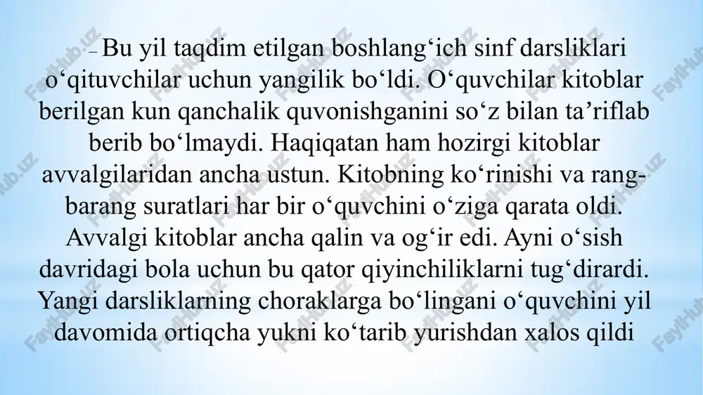 lashda qo‘shimcha adabiyotlarni izlashga majbur edik. yangi darsliklar esa matematikaning barcha ustunliklarini o‘z ichiga olgan. faqatgina o‘qituvchi o‘z ustida ishlab, uni o‘quvchiga to‘g‘ri tushuntira olishi kerak. 1-4-sinflar uchun yaratilgan yangi zamonaviy maktab darsliklari "4k" modeliga asoslangan innovasion yondashuvni taqdim etadi. ushbu metodologiya bolalarning har tomonlama rivojlanishiga qaratilgan bo‘lib, quyidagi asosiy kompetensiyalarni o‘z ichiga oladi: darsliklar o‘quvchilarning jamoada ishlash qobiliyatini rivojlantirishga yordam beradigan tarzda tuzilgan. bu o‘quvchilarga hamkorlik qilish, samarali fikr almashish va o‘zaro qo‘llab-quvvatlash ko‘nikmalarini o‘rganishga ko‘maklashadi. kommunikativlik: darsliklar o‘quvchilarning boshqalar bilan muloqot qilish qobiliyatini rivojlantirishga qaratilgan. o‘quvchilar o‘z fikrlarini aniq va ravshan ifodalashga, suhbatdoshni tinglashga va tushunishga, ma’lumotni yetkazishda til vositalaridan unumli foydalanishga o‘rganadilar. kreativ fikrlash: darsliklar ijodiy fikrlashni va yangilik qilish qobiliyatini rivojlantiradi. o‘quvchilar o‘z maqsadlariga erishish uchun yangi yondashuvlarni qo‘llashni o‘rganadilar, innovasion yechimlarni ishlab chiqadilar va ijodiy muammolarni hal qilish ko‘nikmalariga ega bo‘ladilar. kritik fikrlash: ushbu metodologiya o‘quvchilarningning axborotni tanqidiy baholash, o‘z fikri va mulohazalarini shakllantirish ko‘nikmalarini …