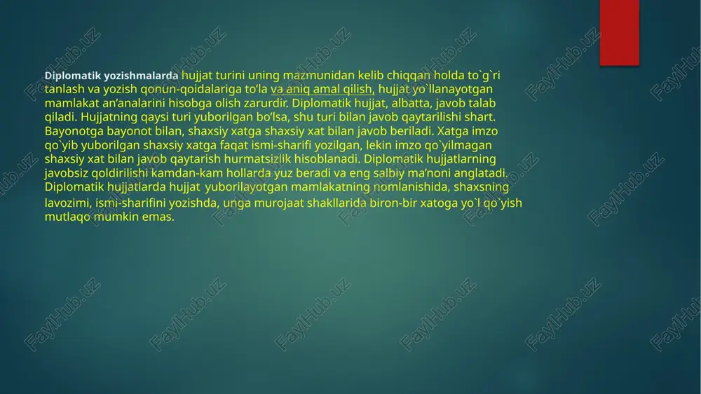 nosini qisqacha bayon qilgan holda "qog'oz bo'lmagan" deb nomlanuvchi norasmiy xarakterdagi eslatma qoldirishi mumkin. image6.jpeg image7.jpeg image8.jpeg image9.jpeg image10.jpeg image11.jpeg image12.jpeg image13.jpeg image14.jpeg image15.jpeg image16.jpeg image17.jpeg image18.png image19.jpeg image20.jpeg image21.jpeg image1.png image2.png image3.png image4.png termiz davlat universiteti tarix fakulteti 4-kurs 403-guruh talabasi mengliboyev firdavsning o'zbek tilining sohada qo'llanishi fanidan tayyorlagan taqdimoti. termiz davlat universiteti tarix fakulteti 4-kurs 403-guruh talabasi mengliboyev firdavsning o'zbek tilining sohada qo'llanishi fanidan tayyorlagan taqdimoti ishonch yorlig'! — biror shaxsning muayyan mamlakatda elchi yoki diplomatik vakil sifatida tayinlanganligini tasdiqlovchi rasmiy xat shaklidagi maxsus hujjat y36exncron pecnyéaukacu basupaap maxkamacnuuar 2021 fina 8 moagarn [abmyphii xykykoy3apankiap tyfphchaarh wul1aphh }wphthmhal 31ektpoh th3hmbee kophii 9tnm o¥iinaa kymmm4a yopa-tazoupsap xakuaa”ru 431-con kapop wxkpocchee tabmhbaam oyinda ba kypuo dukumra 9a o¥aran 1ab.at opran.iapura takum 9thi xam1a taner épramuza mabmypuii oaéuhoma ba mabmypuii a30 kyl1an t¥fpuchazarh kapophm 91ektpoh makaaa }putem 1o3achaak hake mullap basupamth xykykuii ctathcthka ba teskop-xhcoo mabsymotiap mapka3h ma.1aka.1h xouhm:1apu tomohmaah }tka3hatah …