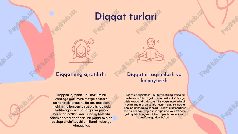ingdek, diqqatni boshqa narsalarga o'zgartirish qobiliyatini ham o'z ichiga oladi. diqqat va uning fiziologik mexanizmlari miyaning roli diqqat jarayonida miyaning frontal qismida joylashgan qism eng muhim rol o'ynaydi. bu qism e'tiborimizni boshqarish va diqqatni bir nuqtaga qarata olish imkonini yaratadi. diqqatni boshqarish frontal loblar diqqatni boshqarish uchun mas'uldir. ular e'tiborni muayyan manbaga yo'naltirish, ma'lumotni qayta ishlash va diqqatni saqlashda yordam beradi. mexanizmlar tahlili diqqat mexanizmlari nerv tizimining faoliyatiga asoslangan. neurotransmitterlar, ayniqsa, dopamin va noradrenalin, diqqatni oshirishda muhim ahamiyatga ega. diqqat va xotira diqqat xotira jarayonlariga ta'sir qiladi. yaxshi diqqat xotira samaradorligini oshiradi, bu esa o'rganish va eslab qolish jarayonini yaxshilaydi. photo by rahadiansyah on unsplash diqqatni rivojlantirish usullari diqqatni rivojlantirish uchun bir qancha usullar mavjud bo'lib, ular orasida quyidagi asosiy turlarni ajratish mumkin: - **mashqlar:** diqqatni rivojlantirish uchun maxsus mashqlar. masalan, raqamlarni eslab qolish, mantiqiy masalalarni yechish yoki turli xil testlarni bajarish. - **o'yinlar:** diqqatni yaxshilashga yordam beradigan qiziqarli o'yinlar. …