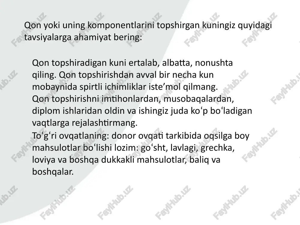 ko‘rsatkich 2021-yilda har ming aholiga 6,8 nafar yoki 0,68 foizni tashkil etgan. ko‘rinib turibdiki, mamlakatdagi donorlik darajasi me’yorida emas. e'tiboringiz uchun rahmat! image1.jpeg image2.jpeg image3.jpeg image4.jpeg image5.jpeg image6.jpeg image7.jpeg image8.jpeg image9.jpeg image10.jpeg image11.jpeg image12.jpeg image13.jpeg image14.jpeg image15.jpeg image16.jpeg image17.jpeg image18.jpeg image19.jpeg image20.jpeg image21.jpeg recipient _ z oe t donor donorlik gon bilan nima sodir bo'ladi? donordan bir yarim litt gon olinadi qon bemorlarga uzatiladi. 1 donorlik gon 3 kishining qon steril paketga -olinadl va hayotini saqlab qolish imkoniyatiga ega etiketlanadi. ks " qon mahsulotlari saglanadi va quyish uchun tayyor. trombotsitlar 5 kun, qizil qon tanachalari 42 kun, plazma 2 yil ichida tugaydi qon qayta ishlanadi va tur tarkibiy trombotsitlar