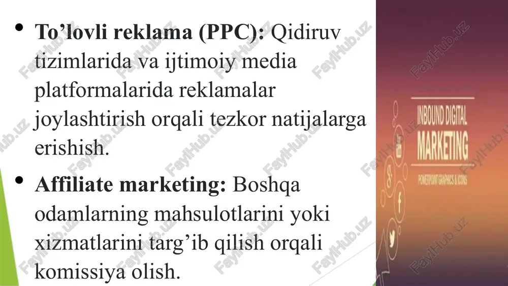 marketing tobora muhim bo’lib boradi. yaratuvchilar bilan hamkorlik: brendlar yaratuvchilar bilan hamkorlik qilib, qiziqarli va tegishli kontent yaratadi. 21 8. ko’p kanalli (omnichannel) strategiyalarning kengayishi: mijozga yo’naltirilgan yondashuv: mijozlarga bir vaqtning o’zida turli kanallar orqali murojaat qilish, ularga qulay va uzluksiz tajriba yaratish muhim bo’ladi. 22 10. axloqiy marketing va barqarorlik: yashil marketing: ekologik toza mahsulotlar va xizmatlarni targ’ib qilishga e’tibor qaratiladi. axloqiy marketing: marketing faoliyatida axloqiy me’yorlarga rioya qilish muhim bo’ladi. 23 raqamli marketingning kelajagi yanada shaxsiylashtirilgan, texnologiyaga bog’liq, mijozga yo’naltirilgan va axloqiy bo’ladi. marketing mutaxassislari ushbu tendentsiyalarni kuzatib borish, yangi texnologiyalarni o’zlashtirish va moslashuvchan bo’lishlari kerak. e’tiboringiz uchun raxmat image1.jpeg image2.jpeg image3.jpeg image4.jpeg image5.jpeg image6.gif marketing in a digital world inbound digital marketing powerport graphics & icons sto atin digital marketing. ste tools mastery eating tool advertsing tool cs)