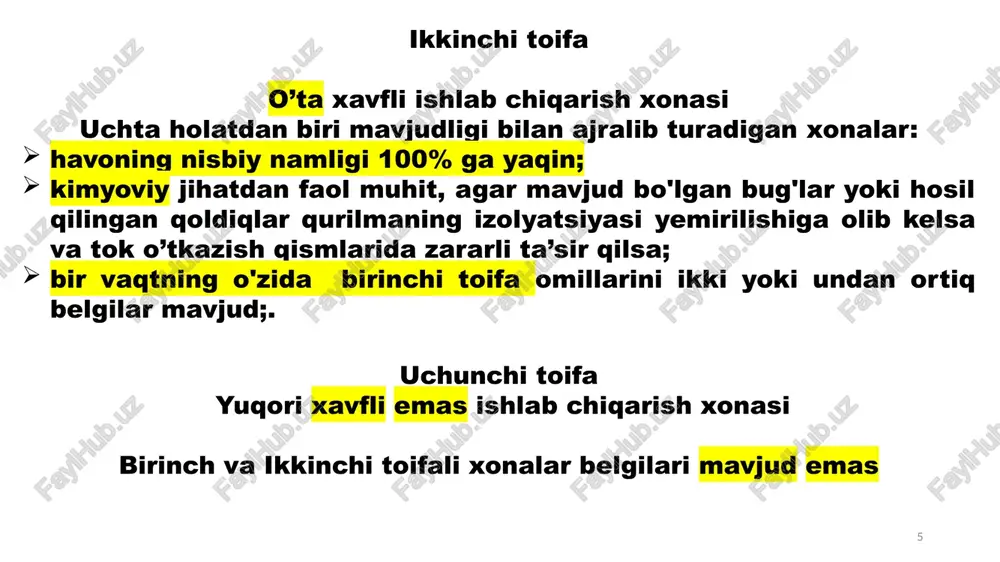 000c haroratga ega bo‘lgan atmosfera elektr zaryadlari portlash va yong‘inlarni keltirib chiqarishi, yer ustidagi obyektlarni vayron qilishi mumkin. yashin ta’siri bevosita zarb ko‘rinishida ham, elektromagnit va elektrostatik induksiya ko‘rinishida ham bo‘lishi mumkin. barcha bino va inshootlar yashindan himoyalanish darajasiga ko‘ra uch toifaga ajratiladi (19-jadval). ularning toifasi yong‘in va portlash jihatdan xavfliligi, o’tga chidamliligi, shuningdek, ular joylashgan geografik hududda yashin ko‘p yoki kam bo‘lishiga qarab belgilanadi. i toifaga v—i va v—ii sinf binolarining tashqi texnologik uskunalari kiradi. bu binolarda havo bilan go‘shilib portlash jihatdan xavfli aralashmalar hosil qiladigan gaz, bug’ va chang chigadi. i] toifaga v—i va v—h sinf binolari tashqi texnologik uskunalari hamda v—i sinf binolari omborxonalari kiradi. iii toifaga 1i—1, ti—ii, 1!—ih sinf binolari kiradi. bu binolarda yonuvchi qattiq va suyuq moddalar, chang bo‘ladi. bularga ochiq omborxonalar, tutun quvurlari, suv minoralari, 15 m. dan baland minoralar, jamoat va turarjoy binolari, kasalxonalar, bolalar muassasalari, kinoteatrlar kiradi. 19-jadval turli sinflardagi obyektlar …