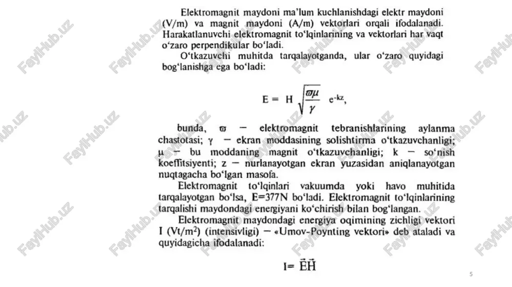 nonceoe anyone ultraviolet ynetpadwoner | visible. infra-red wxbparpacren as) microwaves mimbonorms dowiese oornet long-waves. wavelength > dnuna sonnet a & anrcrpen) oy e io 1ac 0.4 pmo) ‘anektpomarhmthoro| wanyyehna 1 nmi / f 10 nny) ” ea 500 nm [700 nmi ni cee 1000 nm 4 mow in b 10 jim .y 700 nm f— 100 yur 1000 jr am 1 em ¢ 1m es hs cacy } 100 mi sy ) eaeccr) f= 1000 me >) abicecr) y 4 tasriuel dpva.ru roceneprst enpasounc respublikamizda yo'lga go‘yilan nurlanishning ruxsat etilgan darajalari juda kam birlikni tashkil qiladi. shuning uchun organizm uzoq vaqi nurlanish ta’sirida bo'lgan taqdirda ham hech qanday o‘zgarish bo'imasligi mumkin. me’yoriy huijjat bo'yicha ko‘zda tutilgan «yugori, o‘ta yugori va haddan tashgari yugori chastotadagi elektromagnit maydonlari manbalarida ishlaganlar uchun sanitar norma va qoidalar» quyidagicha ruxsat etilgan norma va chegaralarni belgilaydi: ish joylarida elektromagnit maydoni radiochastota kuchlanishi elektr tarkibi bo'yicha 100 …