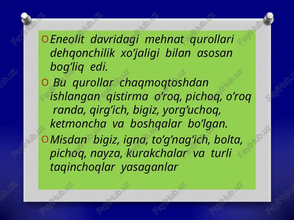 ham topilgan. kashfiyotlar idishlar turli qush ,yaproq,va hayvon tasviri bilan bezatila boshladi kulolchilik xumdonlari paydo boladi oftobda quritilgan gishtdan uy- joy qurila boshlanadi eng katta ixtirolaridan yana biri dehqonchilik va chorvachilik hisoblanadi etiboringiz uchun rahmat!!! image1.jpeg image2.png image5.jpeg