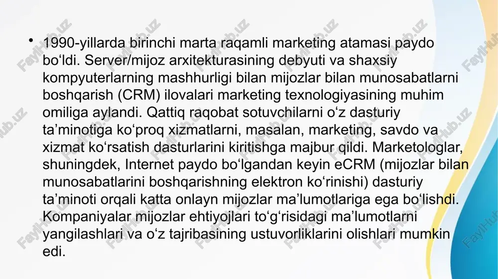 jozlarning maʼlumotlari: yaxshi ishlab chiqilgan smm (ijtimoiy tarmoq marlketing) rejasi biznesni rivojlantirish uchun tadbirkorlarga ajoyib imkoniyatni ochib beradi, mijozlar maʼlumoti. bu yuqoridagi auditoriya yig‘ish tamoyiliga uzil-kesil bog‘liq bo‘lib, smm bu qimmatli maʼlumotlarni bozor iqtisodiyoti tahliliga aylantirishlari mumkin, bu maʼlumotlarga mizozlarning yashash hududi, yoshi, jinsi kabilar kiradi. ijtimoiy tarmoq marketingi – smmning afzalliklari: smm xizmatini joriy etish orqali biznes egalariga ko‘plab imtizyozlar taqdim etiladi. quyida ulardan baʼzilarini sanab o‘tamiz: brendni rivojlantirish: agar smmdan to‘g‘ri foydalanilsa, u brend uchun ijobiy taʼsir ko‘rsatadi. xodimlaringiz ijtimoiy tarmoqqa joylayotgan mahsulotlar va xizmatlar mijozlarda sizning brendingizga bo‘lgan ishonchini ortishiga hissa qo‘shishi mumkin. shuningdek, ko‘rishlar, yoqtirishlar («layk»), ulashishlar kabilar brendingizni ko‘proq odamga yetib borishiga xizmat qiladi. mijozlarni jalb qilish: ijtimoiy tarmoq marketingi (smm) nafaqat brendni rivojlantirish uchun yaxshi usul, balki mijozlarni biznesga jalb qilish, ular yozayotgan izoh va so‘rovlarga javob berish, mijozlarning tanqidlari va noroziliklarini qabul qilish va bu orqali biznesdagi kamchiliklarini bartaraf etish imkonini ham beradi. …