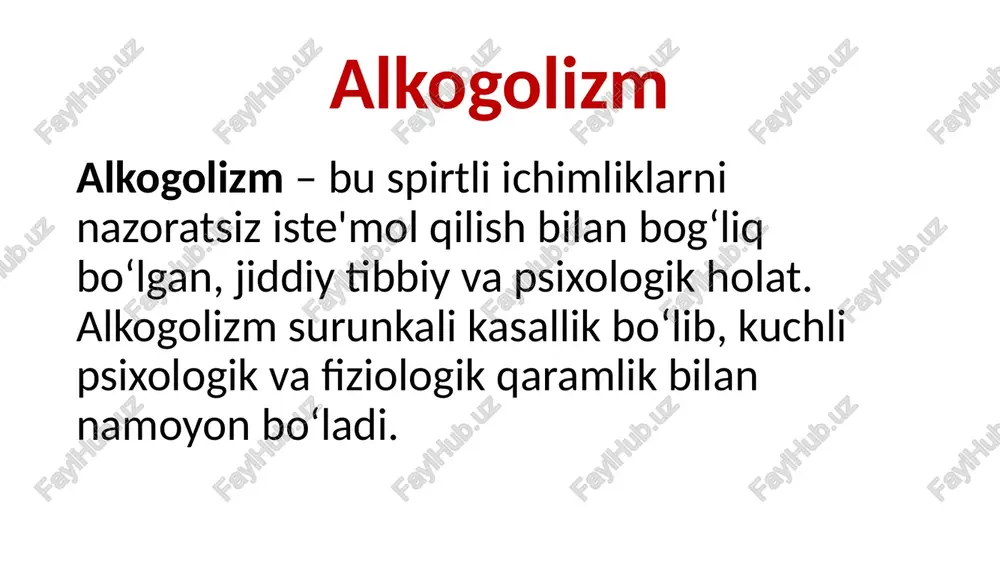 ndromi rivojlanishi mumkin. bu holatni yengillashtirish uchun quyidagi vositalar qo‘llaniladi: a) benzodiazepinlar: diazepam yoki lorazepam: abstinensiya bilan bog‘liq tutqanoqlar va bezovtalikni nazorat qilishda qo‘llaniladi. ammo homiladorlikda juda ehtiyotkorlik bilan ishlatilishi kerak, chunki yuqori dozalar homilaga zarar yetkazishi mumkin. b) antikonvulsantlar: karbamazepin yoki gabapentin: tutqanoqlarni oldini olishda qo‘llaniladi. homiladorlikda xavfsizligi nisbatan yuqori. psixologik va farmakologik muvofiqlashuv naltrekson kabi alkogolga qaramlikni kamaytiruvchi preparatlar homiladorlikda xavfsiz deb hisoblanmaydi. bu dorilar o‘rniga psixoterapiya va ijtimoiy yordam dasturlari tavsiya etiladi. akamprosat va disulfiram homiladorlikda kontrendikatsiya hisoblanadi. e‘tiboringiz uchun rahmat reporter：omonullayevhikmatillo date：18.12.2024 image1.jpeg image2.jpeg image3.jpeg