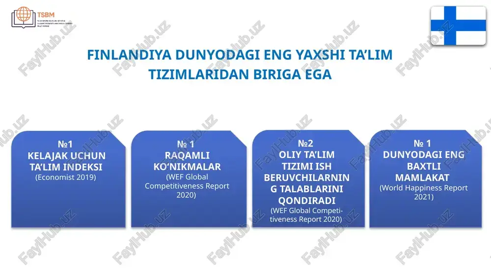 an bolalar o‘rtasida tenglashtiruvchi vosita bo‘lib, u teng imkoniyatlarni ta’minlaydi va eng muhimi, ta’lim olishga yordam beradi. all pupils in finland from pre-primary to upper secondary schools get a free-of-charge, nutritious school meal each day. in higher education, students get a meal subsidy. 13 6 yoshli bolalar majburiy maktabgacha ta'lim 0-5 yoshli bolalar erta bolalik davridagi ta’lim va g‘amxo‘rlik o‘rtacha 3+2 yil amaliy fanlar universitetlarida bakalavr va magistr darajalari 16-19 yoshlilar kasb-hunar ta'limi muassasalarida kasbiy malaka 16-19 yoshlilar umumiy o'rta ta’lim maktablarida abituriyentlik imtihonlari o‘rtacha 3+2 yil universitetlarda bakalavr va magistr darajalari 7-16 yoshlilar umumta’lim maktablarida tayanch ta’lim tayanch ta’lim o‘rta ta’lim oliy ta’lim bugungi kunda finlandiya ta’lim tizimi universitetlarda doktorlik va litsenziya darajalari the finnish education system today consists of early childhood education and care, one-year pre-primary education, nine-year basic education, upper secondary (general or vocational) and higher education. additionally, lifelong/continuous learning is emphasized and adult education is available …