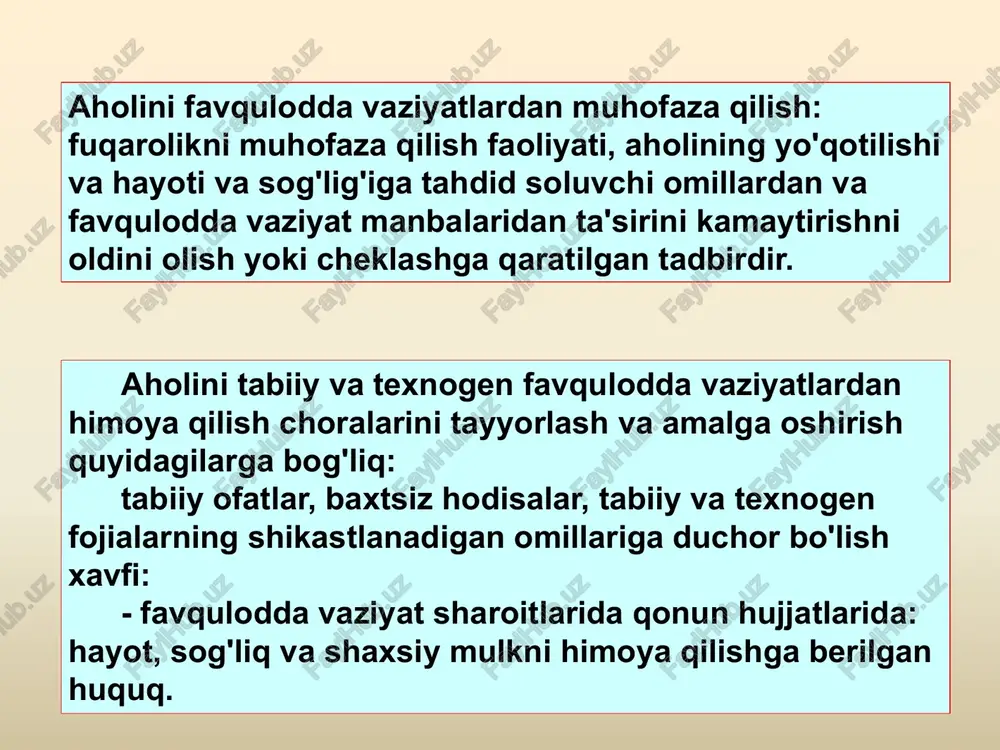 agi qurilmalarga ega: - dosimetrik asboblar; - kimyoviy razvedka qurilmalari; - himoya kiyim; - favqulodda asboblar to'plami; - favqulodda yoritish vositalari; - oziq-ovqat va suv ta'minoti; - sanitariya mulki. boshpana quyidagi yozuvlarni saqlashi kerak: - xarakteristikasini va uning mazmunini belgilash; - uskunaning pasporti, rejasi va varaqlari; - tashqi va ichki tarmoqlar diagrammasi uzilganligini ko'rsatadigan qurilmalar - boshpana maqomini tekshirish boshpana turli xil tizimlar bilan jihozlangan: - filtrlash tizimi; - elektr ta'minoti tizimi; - aloqa tizimi; - suv ta'minoti va kanalizatsiya tizimi; - isitish tizimi. prefabrik himoya vositasi odamlarni urush davrida zamonaviy qurollarning zararli omillariga va favqulodda vaziyatlarning favqulodda vaziyat manbalariga zararli omillarga qarshi shaxsiy himoya uskunalaridan foydalanmasdan tinchlik davrida insoniyatga va tabiiy ofatlarga qarshi himoya qilish uchun mo'ljallangan. prefabrik elementlardan qurilgan bvu prefabrik uy-joylarning ichki uskunalari quyidagilardan iborat: - havo bilan ta'minlash vositasi; -qum va mato filtrlari; - suv tanklari; - chiqindilar va chiqindilar uchun tanklar; - havoni chiqarish vositasi; …