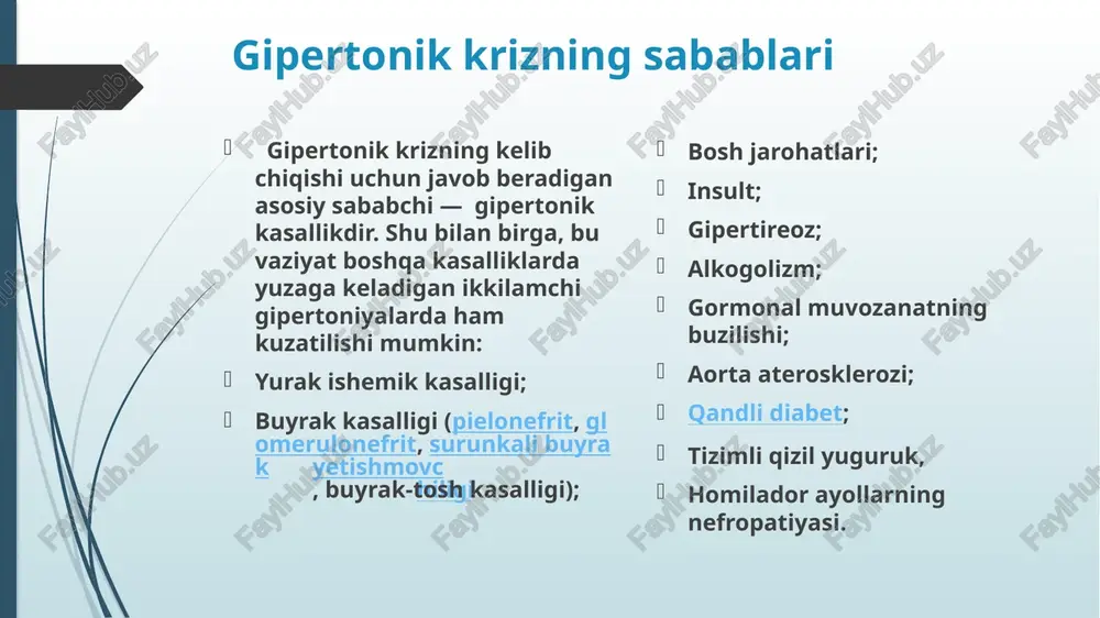 shlatiladi, masalan, drotaverin. miya qon aylanishini yaxshilash uchun eufillin ishlatiladi. gipertonik krizlarda shuningdek diuretiklar ham samaralidir. statsionar sharoitida ishlatiladigan ko’plab dorilar aniq dozalashni talab qiladi va faqatgina malakali shifokorlar tomonidan berilishi mumkinligini yodda tutish kerak. bunday preparatlarni uy sharoitida, mustaqil qabul qilish fojiali oqibatlarga olib kelishi mumkin. gipertonik kriz paytida tinchlanish uchun validol tabletkasini, korvalol yoki valokardin tomchilarini, valeriana damlamasini qabul qilish kerak. bundan tashqari, bemor nafasni me’yorga keltirishi, uni bir tekis qilishi kerak. buning uchun, bir necha marta chuqur nafas olib chiqarish lozim. yordam ko’rsatishning boshqa usullari gipertonik krizda yotgan holatni egallash kerak. yurish va ba’zi jismoniy harakatlar qilinishi mumkin emas. ensaga sovuq kompress qo’llanilishi mumkin. bunday vaziyatda bemorga suyuqlik ichish tavisya etilmaydi, chunki suv qayt qilishga olib kelishi, u esa o’z navbatida qon bosimining yanada oshishiga olib kelishi mumkin. bundan tashqari, organizmdagi ortiqcha suyuqlik o’z-o’zidan bosimni oshiradi. agar bemorda nafas olishni qiyinlashitradigan tor yoki bo’yinni qisuvchi kiyim bo’lsa, …