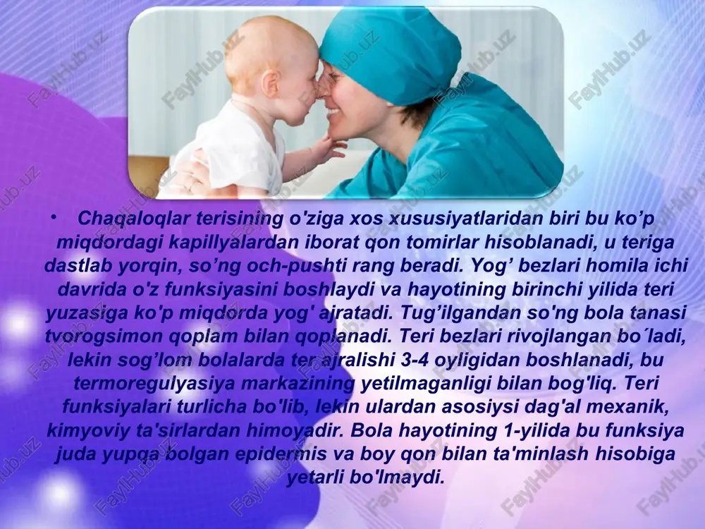 b-yopiladi, bu esa labirint reflekslarning paydo bo’lishini bildiradi. chaqaloqtug’ilgandan keyin bir necha haftadann so’ng qorachiqlari simmetrik bo’ladi va uning diametri 3 mmni tashkil qiladi. skleralari oq rangda bo’ladi.chala tug’ilganlarda skleralari juda yupqaligi sababli havo rangda bo’ladi. agar skleralari qoramtir-havo rangda bo’lsa, chaqaloqda yetilmagan osteogenez kuzatilishi mumkin.ko’pincha daun sindromida kamalak pardasida brashfild dog’lari aniqlanadi-qalampirli tuz sepilgan ko’rinishga ega bo’ladi. sub'konyuktival qon talashlar kon'yuktivalarning mayda qon tomirlarining zararlanganligidan dalolat beradi, sog’lom chaqaloqlarda tug’ruq jarohatining asorati bo’lishi mumkin.chaqaloq hayotining birinchi kunida gorizontal nistagm "botuvchi quyosh" simptomi kuzatiladi teri rangi: pletora (to’q-qizil, eritematoz) rangi ko’proq polisitemiya -giperoksiya (kislorod konsentrasiyasi normadan ortiq berilganda) kuzatiladigan va parvarishda ko’p isitib yuborilgan chaqaloqlarda uchraydi. sariqlik - sutka davomida qondagi bilirubin miqdori 85,5mkmol/ldan yuqori bo’lsa,chaqaloq uchun patologik sariqlik hisoblanadi, bunda chaqaloqlar gemolitik kasalligi, homila ichi infeksiyalari, sepsis rivojlanadi yoki fiziologik holat ham bo’lishi mumkin.teri rangining oqimtirligi-kamqonlik, tug’ruq vaqtidagi asfiksiya, shok yoki arterial yo’lakning shakllanishida kuzatiladi. chaqaloqlar ko’krak qafasi-bochkasimon shaklda …