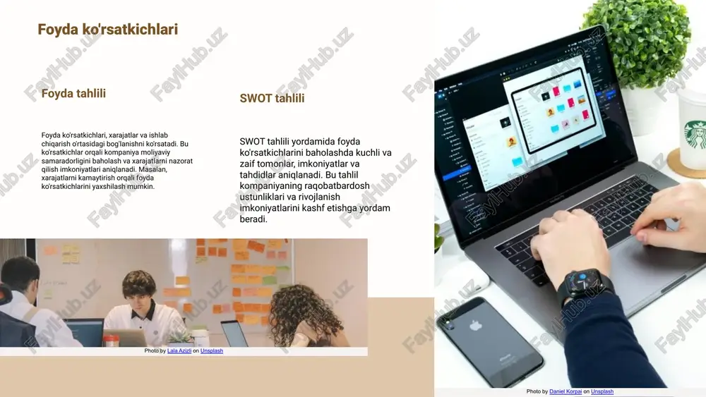 bu slaydda foyda oshirish usullari tahlili, har bir usulning afzalliklari va kamchiliklari, swot tahlili va mavjud strategiyalar bo'yicha misollar haqida ma'lumot beriladi. ishlab chiqarish va foyda o'rtasidagi munosabat ishlab chiqarish hajmi va foyda o'rtasidagi bog'lanish ishlab chiqarish hajmi va foyda o'rtasidagi bog'lanish iqtisodiy samaradorlikni aniqlovchi muhim omildir. statistik ma'lumotlar va grafiklar orqali ko'rsatilganidek, ishlab chiqarishning ortishi foyda ko'rsatkichlarini oshirishga yordam beradi, bu esa korxonaning umumiy muvaffaqiyatini ta'minlaydi. ishlab chiqarish hajmini oshirish va foyda ko'rsatkichlarini yaxshilash ishlab chiqarish hajmini oshirish uchun samarali strategiyalarni joriy etish zarur, masalan, innovatsion texnologiyalarni qo'llash va jarayonlarni optimallashtirish. o'zbekistonda muvaffaqiyatli ishlab chiqarish strategiyalari sifatida, agroindustriya va yengil sanoat sohalarida innovatsiyalarni joriy etish misol bo'lib xizmat qiladi. photo by daniel korpai on unsplash photo by lala azizli on unsplash harajatlar va foyda harajatlar va foyda o'rtasidagi bog'lanishlar ishlab chiqarish jarayonida muhim ahamiyatga ega. harajatlarni tahlil qilish va ularning ishlab chiqarish hajmiga ta'sirini aniqlash, korxonalar uchun foydani oshirishda …