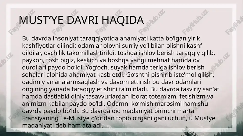 lar orasida paykonlar, qirg‘ichlar, tosh pichoqlar va chopqilar bor. teshiktoshdan topilgan mehnat qurollarining aksariyati qirquvchi va tarashlovchi vazifalarni bajargan. bunga misol tariqasida rapidasimon nukleuslarni ko‘rsatish mumkin. teshiktosh g`ori g‘orda gulxan o‘rinlari ham aniqlangan. olov inson uchun juda zarur bo‘lgan, chunki muzlik davridagi iqlimning o‘zgarishi natijasida o‘rta paleolit er yuzida eng sovuq davrlardan biri bo‘lgan. olov odamlar jamoasi hayotida muhim o‘rin tutgan. u odamlarni birlashtirgan. gulxan atrofiga ovlangan va terib olingan mahsulotlar keltirilgan. bu erda ovqat tayyorlangan. hayvonlar olovdan qo‘rqqanligi sababli odamlarga hamla qila olmagan, odamlar bundan foydalanishgan. gerasimov mixail mixailovich teshiktosh topilmalari teshiktosh oʻzbekistondagi arxeologik qoʻriqxonadir. boysuntogʻ tizmasidagi gʻorda joylashgan. teshiktosh neandertallar qoldiqlari topilgan eng sharqiy nuqta hisoblanadi. teshik-tosh qazilmalarida 8-9 yoshli neandertal qiz suyaklari topilgan. tadqiqotlar bu suyaklarning yoshi 70 ming yil ekanligini koʻrsatdi. teshiktosh topilmalari teshiktosh odami - teshiktosh g`oridan topilgan neandertallar vakilining suyak qoldigʻi. a. p. okladnikov oʻrgangan (1938—39). koʻpgina tadqiqotchilarning fikricha, teshiktosh odami suyak qoldiqlari 8—9 …