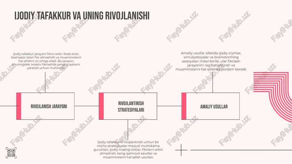 lar yaratishda muhim ahamiyatga ega bo'lib, bu jarayonda ilg'or fikrlar va yondashuvlar zarur. 2. ijodiy tafakkurning tushunchalari: tasavvur va fikrlash usullari ijodiy jarayonda muhim rol o'ynaydi, bu esa ijodkorlarning yangi g'oyalarni ishlab chiqish imkoniyatlarini oshiradi. 3. ijodiy fikrlash muhiti: ochiq fikr va ijobiy muhit ijodiy jarayonni rag'batlantiradi, bu esa ijodkorlarning o'z fikrlarini erkin ifoda etishiga yordam beradi. 4. ijodiy fikrlashni rivojlantirish: amaliy mashg'ulotlar va o'z-o'zini rivojlantirish ijodiy fikrlashni kuchaytiradi, odamlarni yangi g'oyalar ishlab chiqishga undaydi. 5. ijodiy rivojlanish strategiyalari: erkin fikr yuritish va yangi g'oyalar ishlab chiqish ijodiy rivojlanishni ta'minlaydi, ijodkorlar yangi maqsadlar qo'yishga yordam beradi. 6. amaliy usullar va ularni qo'llash: brainstorming va rolga kirish usullari ijodiy jarayonni samarali qiladi, bu esa ijodiy fikrlarni ishlab chiqishda muhim ahamiyatga ega. yakuniy bayonot: ijodiy tafakkur va fikrlashni rivojlantirish har bir insonning o'ziga xos imkoniyatlarini ochib beradi, shuning uchun ijodiy jarayonlarni rag'batlantirishimiz zarur. photo by element5 digital on unsplash e'tiboringiz uchun rahmat! …