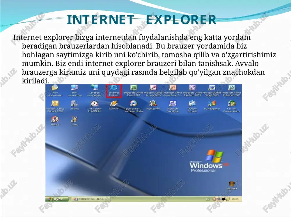 lishi internetning turlarini belgilaydi. internetning tugunlari bo‘lmish server qismi serverlar soni, ularning jug‘rofiy joylashishi va xizmat turlari bilan xarakterlanadi. eng sodda internet tuzilmasi yagona serverga (bitta tugunga) ega bo‘lib, unda internetda ko‘rsatiladigan barcha xizmat dasturlari mujassamlanadi. murakkab internet tuzilmasida bir necha server (ko‘p tugun) bo‘lib, ular bir-biriga yaqin – mahalliy tarmoqda, yoki serverlar guruhlariga birlashib, bir-biridan olisda, turli mahalliy tarmoqlar tarkibida bo‘ladi. aloqa qismi: nternetning aloqa qismi mahalliy kompyuter tarmog’i(lan – local area net)ning kompyuterlarsiz qismi yoki joylardagi kompyuterlar va lanlarni bir-biriga bog’lovchi mintaqaviy (yo hududiy) aloqa(kommunikatsiya) tarmog’i (wan – wide area net) tarzida tarkib topgan bo‘ladi. internetning aloqa qismi lan yo/va wan texnologiyasining aynan o’zidir. * internet sxemasi - internet sxemasi yuridik shaxs tarkibiy qismlarining jo‘g‘rofiy joylashishiga bog‘liq. internet sxemasi turlari ko‘p. quyidagi sxema turlari ko‘p uchraydi: mahalliy kompyuter tarmog‘iga internet-texnologiyasini tadbiq etish asosida hosil etilgan yagona serverli internet.yuridik shaxsning turli mintaqalar va hududlardagi mahalliy kompyuter tarmoqlarini birlashtirgan internet …