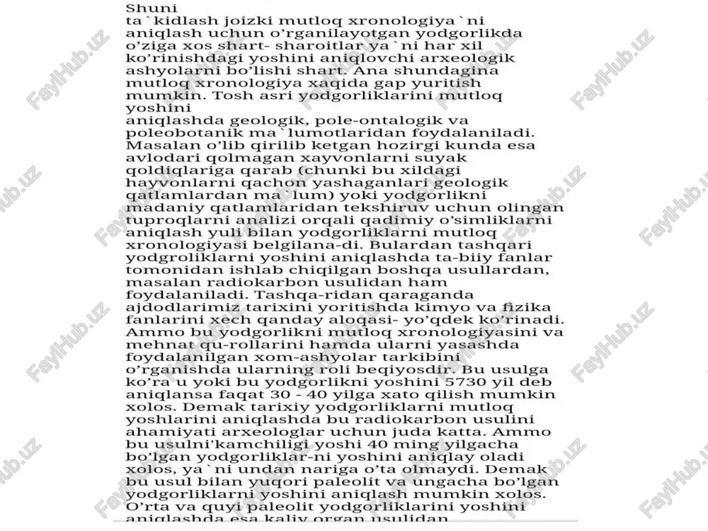 gan uslublar mavjud. bu kaliy karbon usuli bo’lib, bu usul bilan efiopiya-dagi vest-gona yodgorligini yoshi 2,8 million yil bilan belgilangan. markaziy osiyoda arxeologiya fanini tashkil topishi va uni rivojlanishi. kadim zamonlardayok, aniqrori miloddan avvalgi i asr-lardayoq o’tmishdagi insoniyatni taraqqiyoti xaqida, kishini xayratga soluvchi fikrlarni yozib qoldirgan olimlar bo’lgan. ulardan birinchisi rim yozuvchisi lukretsiy kar bo’lib, u o’zining «tabiat buyumlari» nomli poemasida inso-niyat o’zining boshidan tosh, bronza va temir asrlarini ke-chirib, taraqqiy etgan degan fikrni bayon qilgan. «arxeologiya» degan so’zni qadimgi yunon faylasufi platon miloddan avvalgi iv asrdayok ishlatgan. ammo shunga qaramay arxeologiya fan sifatida o’sha davrdayogq tashkil top-gan va tarixiy yunalnshga ega bo’lgan degan xulosaga kelib bo’lmaydi. aksincha arxeologiya boshqa kelib bo’lmaydi. aksincha arxeologiya boshqa fanlarga nisbatan an-cha yosh fanlar qatoriga kiradi. «arxeologiya» so’ziga turli davrlarda turlicha mano berganlar. platon arxeologiya de-ganda nimaiki o’tmishga oid bo’lsa ularni arxeologiya deb tushungan. arxeololgik ilmiy izlanishlarning boshlanishi xori-jiy mamlakatlarda xviii asrga to’rri keladi. …