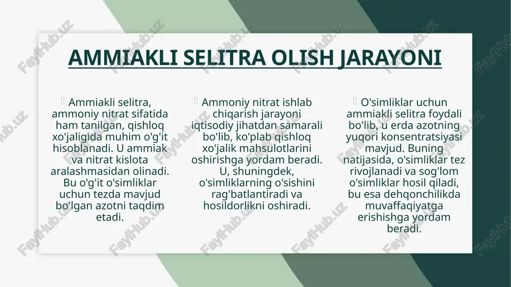 adi va ularning samaradorligi yuqori. ammiakli selitra olish jarayoni, nitrat kislota va ammiakning birikishi orqali amalga oshiriladi. ushbu jarayonda, ammiakli selitra sifatida tanilgan o'g'it hosil bo'ladi, bu esa o'simliklar uchun azot manbai sifatida muhimdir. isbot shakli misol (mavzu asosida) kitobda o‘qishimcha... kitobda o‘qishimcha, ammiak sanoat miqyosida haber-bosch usuli bilan olinadi. mening fikrimcha... mening fikrimcha, ammiakli selitra qishloq xo‘jaligi uchun eng samarali o‘g‘itlardan biri. ...ning aytishlaricha... kimyo o‘qituvchimning aytishlaricha, nitrat kislota havoda azot(iv) oksid hosil bo‘lishi orqali olinadi. internet manbalarida yozilishicha... internet manbalarida yozilishicha, kaliyli o‘g‘itlar kartoshka hosildorligini oshiradi. eshitishimcha... eshitishimcha, azotli o‘g‘itlar mevali daraxtlar uchun ham foydali hisoblanadi. televizorda ko‘rsatilishlaricha... televizorda ko‘rsatilishlaricha, ammiak ishlab chiqarish uchun tabiiy gaz asosiy xomashyo hisoblanadi. ko‘chada odamlarni aytishicha... ko‘chada odamlarni aytishicha, ammiakli selitra ba'zida noto‘g‘ri saqlansa xavfli bo‘lishi mumkin. ammiakli selitra haqida ma'lumot ammiakli selitra (nh4no3) azotli o'g'it sifatida keng qo'llaniladi. u qishloq xo'jaligida o'simliklarning o'sishini yaxshilash va hosildorlikni oshirish maqsadida ishlatiladi. ammiakli selitra, …