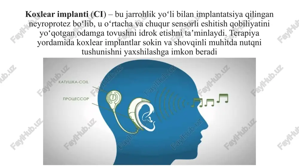 q, ota-onalarning faol aralashuvi va doimiy mashg’ulotlar natijasida, 1,5 oy ichida bola intonatsiyaga taqlid qila boshlaydi, taqlid orqali 10 tagacha soda so’zlarni ayta oladi, tovushga taqlid qila oladi. jarrohlik operatsiyasidan 1,5 yil o’tib, bolada bir nechta so’zdan iborat jumlalar tuzish (“bu uy”, “bu mushuk”, “quyoncha sakrayapti” kabi) ko’nikmalari shakllanadi, ekspressiv lug’ati 100 ta so’zgacha yetadi. 2 yildan so’ng bolada kundalik muloqot qilish, ko’rganlari haqida gapirib berish imkonini beruvchi bog’langan nutq shakllanadi. dunyo aholisining 6,1 foizi eshitish qobiliyatini yoʻqotish bilan yashaydi va prognozlarga koʻra, 2050-yilga kelib butun dunyo boʻylab 900 milliondan ortiq odam eshitish qobiliyatini yoʻqotadi[61] jsst hisobotiga koʻra, eshitish qobiliyatining yoʻqolishi har yili dunyoga 980 milliard dollarga tushadi. ayniqsa, sog‘liqni saqlash va ta’lim sohalari, shuningdek, ijtimoiy xarajatlar katta zarar ko‘rmoqda. ushbu xarajatlarning 53 foizi past va oʻrta daromadli mamlakatlarga toʻgʻri keladi image1.jpeg image2.jpeg image3.jpeg image4.jpeg image5.jpeg image6.jpeg image7.jpeg image8.jpg image9.jpeg image10.jpg image11.jpeg image12.jpeg image13.jpeg image14.jpeg image15.jpeg image16.jpeg image17.jpeg image18.jpeg image19.jpeg …