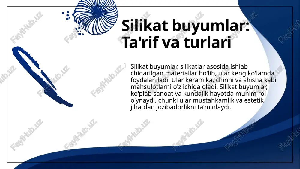 ligida muhim o‘rin tutadi. ular qurilish, uy-ro‘zg‘or buyumlari va san’atda keng qo‘llaniladi. silikat buyumlarining sifatli ishlab chiqarilishi iqtisodiy rivojlanishga katta ta'sir ko‘rsatadi. keramika va shisha ishlab chiqarish keramika va shisha ishlab chiqarish jarayonlari murakkab bo‘lib, ularning sifatini ta'minlash uchun yuqori texnologiyalar qo‘llaniladi. bu jarayonlar ko‘plab ish o‘rinlari yaratadi va iqtisodiy o‘sishni rag‘batlantiradi. xulosa: silikat buyumlar va iqtisodiy roli xlorva natriy ishqorini elektrokimyoviy ishlab chiqarish jarayoni ham silikat buyumlarining sifatini oshirishda muhim ahamiyatga ega. bu jarayonlar orqali yuqori sifatli mahsulotlar ishlab chiqariladi. shuningdek, silikat buyumlarining ishlab chiqarilishi mahalliy resurslardan samarali foydalanishni ta'minlaydi. bu, o‘z navbatida, iqtisodiy barqarorlikni oshiradi. silikat buyumlar iqtisodiyotda muhim rol o‘ynaydi, chunki ular ko‘plab sanoat tarmoqlarida ishlatiladi. ular qurilishdan tortib, san'atgacha bo‘lgan sohalarda talabga ega. e'tiboringiz uchun rahmat. roʻziyeva zarnigor image1.png image2.png image4.jpeg image5.png image6.png image7.png image8.jpeg image9.jpeg image10.jpeg image11.jpeg image3.jpeg flame fusion + virration powdered quartz j rotating stage xlor va natriy ishgorini elektrokimyoviy ishlab chigarish bbb …
