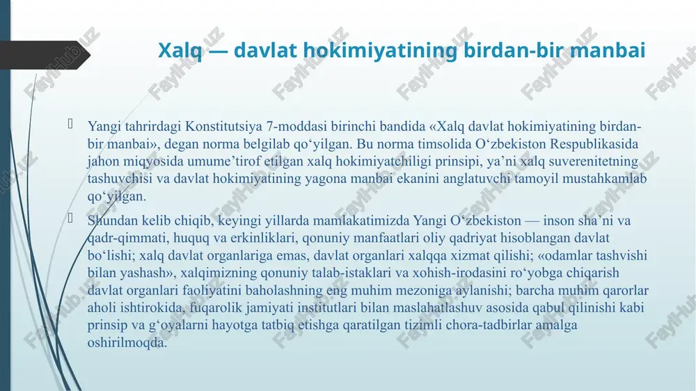 ng farovonligini va gullab-yashnashini ta’minlash. yangi tahrirdagi konstitutsiyamiz dunyoviy davlat, ochiq va adolatli jamiyat qurish, unda tenglik va teng huquqlilik prinsiplarini hayotga tatbiq etish, fuqarolar, ayniqsa, ayollar va bolalar huquqlarini kamsitmaslik g‘oyalariga asoslanadi. muxtasar aytganda, bugun konstitutsiyamizning yangi normalarida asosiy e’tibor inson, jamiyat va davlatning barqaror rivojlanishini ta’minlashga qaratilganini ishonch bilan ta’kidlash mumkin. yangi tahrirdagi asosiy qonunning qabul qilinishi bilan bu borada yanada mustahkam konstitutsiyaviy-huquqiy asos yaratildi. binobarin, yangi o‘zbekiston o‘zining ushbu sohalardagi xalqaro majburiyatlariga qat’iy sodiqligini yana bir bor namoyon etdi. konstitutsiyamizda yevropa, osiyo, sharq va amerika mintaqalarida joylashgan dunyo davlatlarining ijobiy konstitutsiyaviy tajribasi o‘z aksini topgan. asosiy qonunimiz huquqshunos olimlar, siyosatshunoslar, ko‘plab xalqaro tashkilotlar mutaxassislari tomonidan sinchiklab o‘rganilgan bo‘lib, unga inson huquqlari bo‘yicha xalqaro huquq normalari qo‘shimcha ravishda uyg‘unlashtirilgandir. ishonchimiz komilki, xalqaro tashkilotlar vakillari va ekspertlar xolis va to‘g‘ri ta’kidlaganlaridek, o‘zbekiston konstitutsiyasining yangi tahrirda qabul qilinishi "inson sha’ni va qadr-qimmati uchun" tamoyili asosida xalq farovonligini yanada yuksaltirish, inson, …
