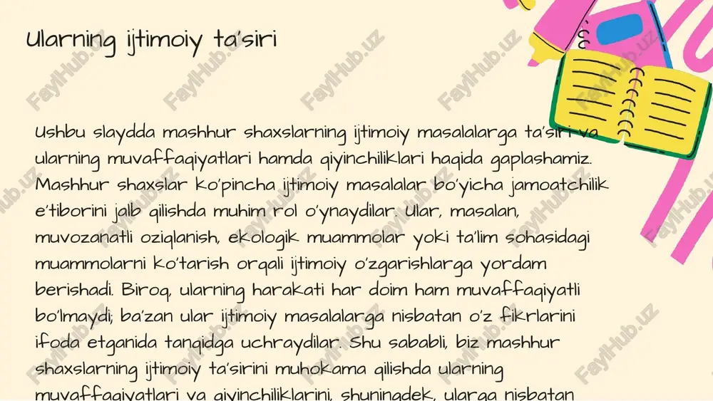 ni taqdim etadi. mashhur shaxslar ko'pincha ijtimoiy masalalarni yoritishda o'z ta'sirini ko'rsatadilar, masalan, nogironlar huquqlari va sog'liqni saqlash masalalarida. ular o'zlarining mashhurligidan foydalangan holda, jamiyatda ijtimoiy muammolarni ko'tarish va ularning yechimini izlashga yordam berishadi. 1. yordamchi texnologiyalar: - ovozli yordamchilar; - maxsus qurilmalar; - online resurslar. 2. ijtimoiy masalalarga e'tibor qaratish choralari: - jamiyatda xabardorlikni oshirish; - tadbirlar va kampaniyalar o'tkazish; - mediada ijtimoiy masalalar haqida muntazam ravishda ma'lumot berish. xulosa ushbu taqdimotda ko‘r va eshitish nogironlari bo‘lgan mashhur shaxslar tarixiy misollar bilan keltirildi. 1. helen keller – ko‘r va eshitish qobiliyati cheklangan bo‘lib, inson huquqlari va ta’lim sohasidagi faoliyati bilan tanilgan. 2. ludwig van beethoven – eshitish qobiliyati pasaygan holda dunyoga mashhur musiqalar yaratgan. 3. ray charles – ko‘r bo‘lishiga qaramay, jazz va blues musiqasi orqali o‘zining izini qoldirgan. ushbu shaxslar nafaqat o‘z sohalarida muvaffaqiyat qozonish bilan birga, jamiyatda nogironlik masalalariga e’tibor qaratishdi. nogironlar uchun reabilitatsiya usullari va qo‘llab-quvvatlash …