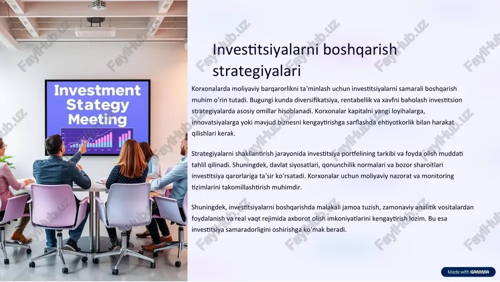 yangi texnologiyalarni joriy etishga intilmoqda. bu ichki nazorat jarayonini optimallashtirish va xatolarni minimallashtirish imkonini beradi. ichki nazorat tizimi samaradorligini oshirish uchun muntazam auditlar, xodimlar o‘rtasida axborot almashinuvi va javobgarlikni aniqlash zarurdir. shuningdek, nazorat tizimi doimiy ravishda yangilanib, korxona ehtiyojlariga moslashtirib borilishi kerak. xulosalar va tavsiyalar korxonalarda moliyaviy menejmentni tashkil etishda hozirgi zamon muammolarining yechimi yuqori darajadagi moslashuvchanlik, integratsiyalashgan texnologiyalar va samarali nazorat tizimlarida yotadi. global iqtisodiy sharoitlardagi noaniqliklar va yangi texnologiyalar bilan hamohang ravishda yangicha yondashuvlarni joriy etish talab etiladi. moliyaviy xavfsizlikni ta’minlash, investitsiya strategiyalarini takomillashtirish va risklarni baholash tizimlarini rivojlantirish korxonalarning barqarorligini oshiradi. shu bilan birga, barqaror rivojlanish tamoyillarini qo‘llash orqali korxonalar o‘z majburiyatlarini kengaytirib, uzoq muddatli muvaffaqiyatga erishishlari mumkin. moliyaviy hisobotlarning shaffofligi va ichki nazorat tizimining samaradorligini oshirish uchun loyiha va treninglarga investitsiya qilish, shuningdek, zamonaviy it yechimlarini joriy etish muhimdir. bu yechimlar korxonalarga xatarlarni kamaytirish va manfaatdor tomonlar ishonchini oshirish imkonini beradi. oxir-oqibat, zamonaviy moliyaviy menejment tizimlari …