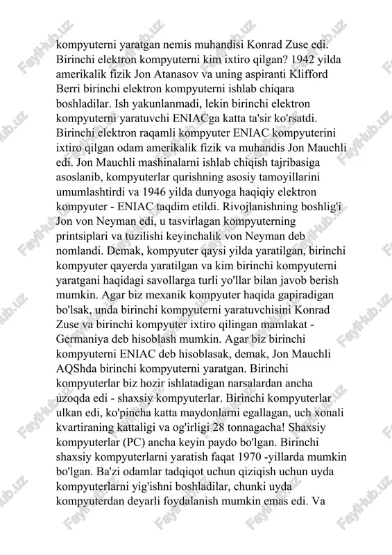 rlar bilan bevosita tanishdi va hatto undan keyin, kundalik hayotda foydalanish imkoniyatiga ega bo'ldi. va birinchi shaxsiy kompyuterlarning tarixi 1970-yillarning o'rtalaridan boshlanadi. bizning materialimizda biz sizga zamonaviy kompyuterlar va og'ir kompyuterlarning birinchi prototiplarini yaratish haqida gapirib beramiz, ular olimlar birinchi kompyuter deb atashadi. hisoblash texnologiyasining birinchi "gigantlari" kompyuterlar davrining boshida, 1940 -yillarda, bir vaqtning o'zida mustaqil ravishda ishlab chiqilgan ulkan hisoblash qurilmalarining bir nechta modellari yaratildi. hammasi aqsh olimlari tomonidan ishlab chiqilgan va yig'ilgan va o'nlab kvadrat metr maydonni egallagan. zamonaviy standartlarga ko'ra, bunday uskunani kompyuter deb atash qiyin. biroq, o'sha paytda o'rtacha odamning natijasidan ancha yuqori tezlikda hisoblash uchun kuchliroq mashinalar yo'q edi. guruch. 1 birinchi kompyuterlardan biri univac yig'ilish xonasiga olib kirildi. mark-1 "mark-1" dasturlashtiriladigan qurilma haqli ravishda dunyodagi birinchi kompyuter hisoblanadi. 1941 yilda 5 nafar muhandislar guruhi (shu jumladan xovard aiken) tomonidan ishlab chiqilgan hisoblash mashinasi harbiy maqsadlar uchun mo'ljallangan edi. ish tugagandan so'ng, kompyuterni tekshirish va …