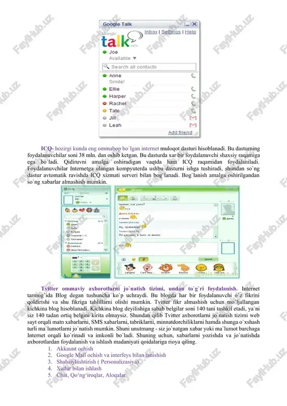 ekranida (on-layn tarzda) ko`rib turadilar, ya`ni foydalanuvchilarning harakatli tasvirlari bir-birlariga uzatiladi. bu video aloqani amalga oshirib beruvchi qurilma web kamera deb nomlanadi. internet orqali video muloqot jarayonida muloqotda qatnashayotgan barcha foydalanuvchilar bir birining gapini eshitibgina qolmay, balki bir-birlarini ko`rib ham turishadi. web kamera va uning ahamiyati. web kamera alohida qurilma bo`lib, u kompyuter vositasiga ulanadi va internet tarmog`i orqali muloqotlarda ishlatiladi. web kameradan foydalanish va u orqali muloqot qilish uchun internet tarmog`i ulangan bo`lishi hamda har bir foydalanuvchi kompyuterida web kamera qurilmasi o`rnatilgan bo`lishi shart. web kamera foydalanuvchilarga juda ham ko`p qulayliklarni yaratib beradi, ya`ni suhbat jarayonida foydalanuvchilar qaerda joylashganligidan qat`iy nazar bir-birlarini ko`rib turadilar. internet tarmog`i orqali video muloqotlar skayp, mail agent, google talk, icq dasturlari orqali amalga oshiriladi. skayp, mail agent, google talk, icq dasturlari va ular orqali muloqot o`rnatish. skayp dasturi. skayp – bu internet orqali kompyuterlararo so`zlashuv aloqasini ta`minlab beruvchi tizimdir. skayp tizimi internet orqali mobil …