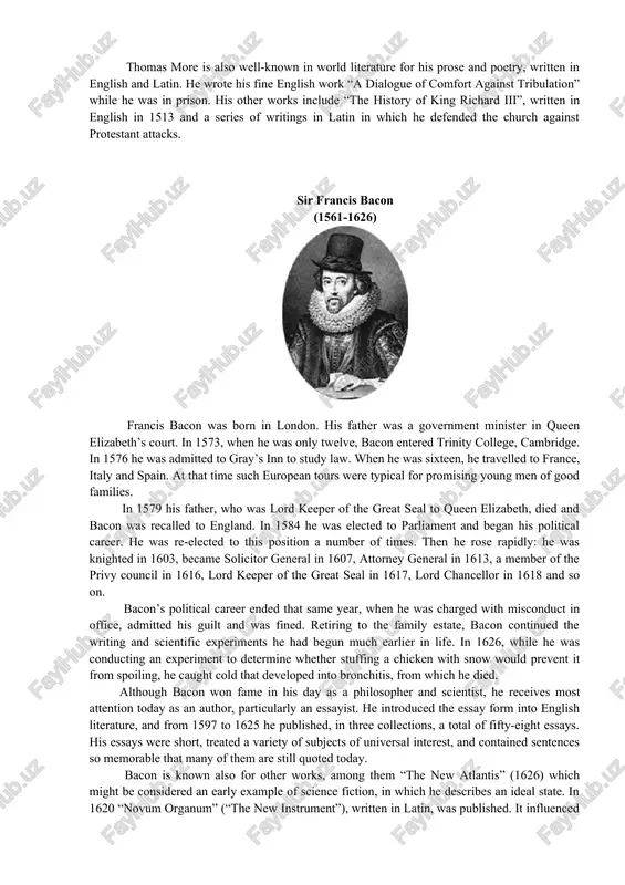 wrote sonnet sequences. a sonnet sequence is a group of sonnets based on a single theme or about one person. narrative poetry. a narrative poem tells a story. shakespeare’s “venus and adonis” and spenser’s “the faerie queene” are the examples of narrative poetry. sir thomas more (1478-1535) one of the outstanding representatives of the english renaissance was sir thomas more. he was a great english author, statesman, and scholar. more was born in london, probably in 1477 or 1478. he studied at oxford. more began his career as a lawyer in 1494, and became an undersheriff of london in 1510, and then held various high positions. he served as lord chancellor, the highest judicial official in england, from 1529 to 1532. but more resigned because he opposed king henry viii’s plan to divorce his queen. he was beheaded in 1535 for refusing to accept the king as the head of …