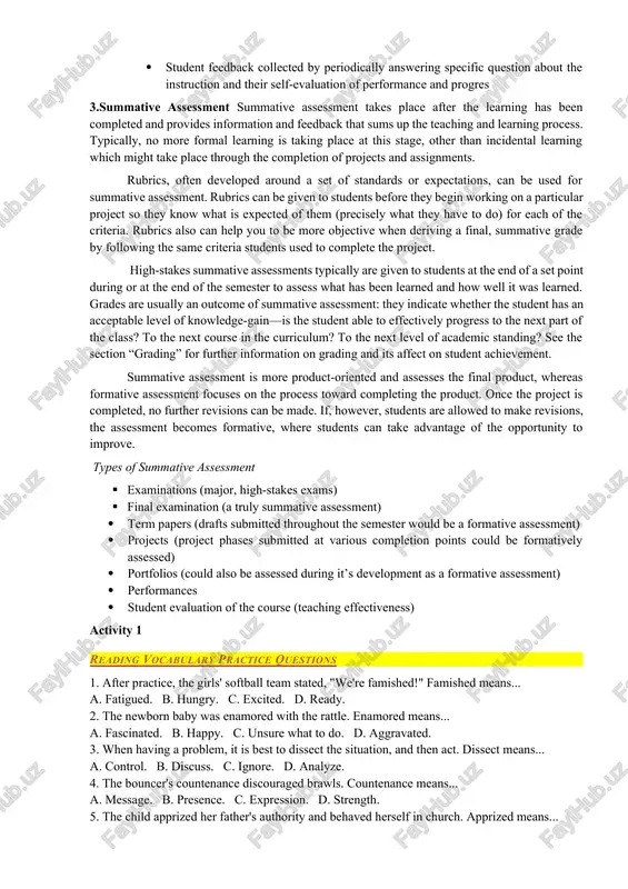 s feedback and information during the instructional process, while learning is taking place, and while learning is occurring. formative assessment measures student progress but it can also assess your own progress as an instructor. for example, when implementing a new activity in class, you can, through observation and/or surveying the students, determine whether or not the activity should be used again (or modified). a primary focus of formative assessment is to identify areas that may need improvement. these assessments typically are not graded and act as a gauge to students’ learning progress and to determine teaching effectiveness (implementing appropriate methods and activities). in another example, at the end of the third week of the semester, you can informally ask students questions which might be on a future exam to see if they truly understand the material. an exciting and efficient way to survey students’ grasp of knowledge is through the …