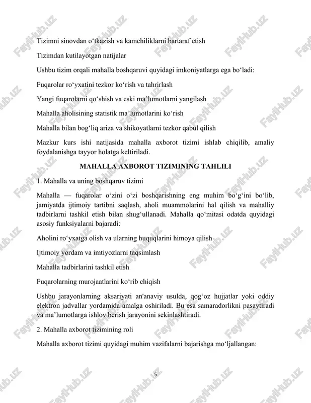 faylni templates/index.html sifatida saqlang: 3.2-rasm class="btn btn-success">qo'shish 4. tizimni ishga tushirish dasturni ishga tushirish: python app.py brauzerda ochish: http://127.0.0.1:5000/ 5. tizimni sinovdan o‘tkazish tizim sinovdan o‘tkazilganda quyidagilarga e’tibor beriladi: ma’lumotlar to‘g‘ri saqlanyaptimi? qo‘shish va o‘chirish jarayonlari ishlayaptimi? interfeys foydalanuvchilar uchun qulaymi? mahalla axborot tizimi ishlab chiqilib, unda fuqarolar ro‘yxatini yuritish va boshqarish imkoniyati yaratildi. kelajakda tizimni kengaytirib, login tizimi, murojaatlar va tadbirlar moduli qo‘shilishi mumkin. texnik talablar mahalla axborot tizimini ishlab chiqish uchun quyidagi texnik talablar belgilangan: 1. tizim arxitekturasi tizim veb-ilova shaklida ishlab chiqiladi va klient-server modeli asosida ishlaydi: frontend (mijoz qismi): html, css, bootstrap backend (server qismi): python (flask) ma’lumotlar bazasi: sqlite yoki postgresql api: rest api (kelajakda kengaytirish uchun) 2. funktsional talablar fuqarolar ma’lumotlarini boshqarish fuqaro qo‘shish, o‘chirish, yangilash, ko‘rish mahalla aholisi bo‘yicha statistika yaratish murojaatlarni boshqarish yangi murojaatni ro‘yxatdan o‘tkazish murojaatlarni ko‘rib chiqish va holatini o‘zgartirish tadbirlarni rejalashtirish yangi tadbir qo‘shish tadbir sanasini belgilash va ishtirokchilarni …