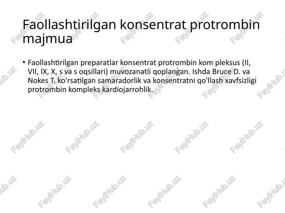 ngan buqa, inson yoki rekombinat trombin. yaqinda butunlay yaratilgan sintetik mato plomba moddasi rekombinant fibrinogen, trombin va omil xiii. menadiona natriy bisulfit vitamin k jigarda ii, vii, ix, x omillarini ishlab chiqarishni ko'paytirish orqali qonning pıhtılaşmasını oshiradi. 12-18 soatda i / m kiritilgandan keyin. sintetik homolog bo'lgan k vitamini etishmovchiligi bilan menadion, qon ketishining ortishi kuzatiladi. substrat k ni rag'batlantiradi-vitaminreduktaza, k vitamini faollashtiradi va k ning jigar sintezida ishtirokini ta'minlaydi-vitaminga qaram bo'lganlar gemostazning plazma omillari. dicinon trombotsitlar va ularning suyak iligi hosil bo'lishini rag'batlantiradi. mato shakllanishini faollashtiradi tromboplastin (omil iii) kichik tomirlarga zarar etkazish joyida, trombotsitlarni yopish va agregatsiyalashga yordam beradi, qon ketishini kamaytiradi. asosiy trombozning shakllanish tezligini oshiradi va fibrinogen va pv darajasiga ta'sir qilmasdan uning retraktsiyasini oshiradi. qayta kiritilganda tromboz shakllanishi kuchaymoqda. ortadi kapillyarlarning qarshiligi, ularning xiralashuvini pasaytiradi, patologik o'tkazuvchanlikni normallantiradi jarayonlar. etamzilat - samaradorlikning isboti bo'lmagan dori. adabiyotlar ro'yxati haemostatic management of cardiac surgical haemorrhage m. w. …