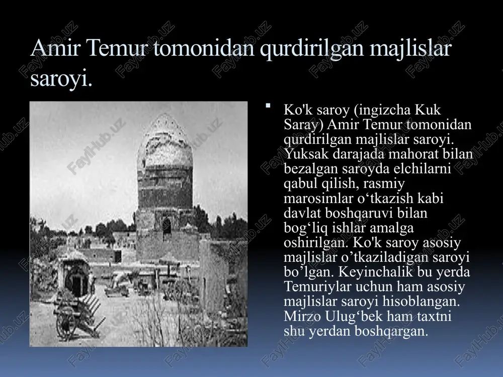 ʻcha, bogʻi dilafroʻz, bogʻi sheron, gulbogʻ, lolazor, bedana qoʻrugʻi, chumchuqlik, gʻozxona va boshqa shular jumlasidandir. amir temurning bogʻ qurish anʼanasini temuriylardan shohrux, ulugʻbek, bobur va boshqa ham davom ettirishgan. amir temur va temuriylar temur va temuriylar o‘zlaridan keyin moddiy madaniyat bobida ulkan merosni qoldiradilar. temuriylar xalqimizning buyuk me’morchilik san’ati durdonalarini dunyoning juda ko‘plab qit’alariga tarqatadilar. shoxrux va husayn boyqaro avlodlari, alisher navoiy xazratlari azmu qarori bilan xurosonning turli shaharlarida barpo etilgan ulkan va go‘zal tarixiy obidalar, boburiylar sulolasining to 1850 yillarga qadar o‘tgan davr mobaynida afg‘oniston, hindiston va pokiston hududlarida yaratgan me’morchilik san’ati namunalari o‘zining go‘zalligi va hashami bilan shu paytga qadar ham harqanday ko‘zni o‘ziga maftun etib kelmoqda. bu narsa temur va temuriylar naslining, siz va bizning qalblarimizda o‘z ota-bobo ajdodlarimiz bilan xaqli suratda g‘ururlanish va faxrlanish xis-tuyg‘usini uyg‘otadi. image2.jpeg image3.jpeg image4.jpeg image5.jpeg image6.jpeg image7.jpeg image8.jpeg image9.jpeg image10.jpeg image11.jpeg image12.jpeg image13.jpeg image14.jpeg image15.jpeg image16.jpeg image17.jpeg amir'temur va temuryilar davrida …