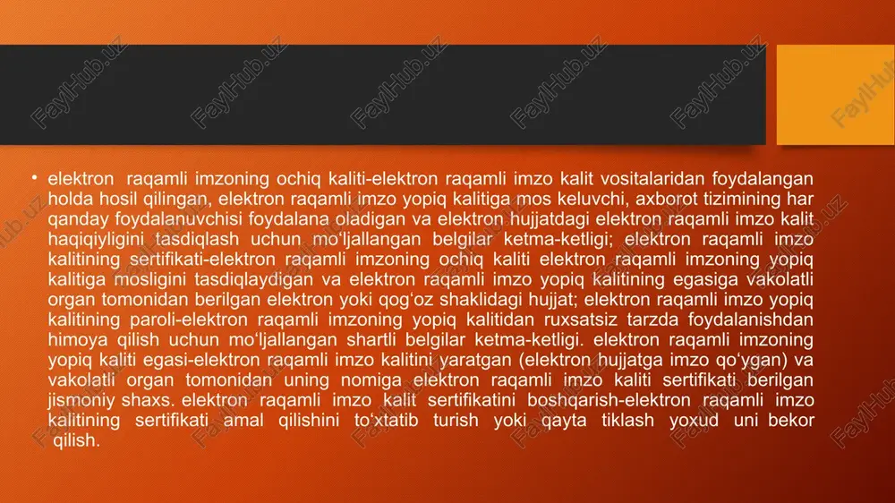 zo nimaga kerak va undan foydalanish muddati qancha? misol uchun, uning yordamida bugun yagona bportal orqali ko‘rsatilayotgan 240 dan ziyod interaktiv xizmatlardan foydalanish mumkin. eri kaliti foydalanuvchisi o‘zining kalitidan 24 oy muddat mobaynida foydalana oladi. uni uzaytirish uchun siz elektron raqamli imzo kalitini olingan ro‘yxatga olish markaziga murojaat qilishingiz zarur. elektron raqamli imzo kimlarga beriladi? eri kalitlarning sertifikatlari yuridik va jismoniy shaxslarning murojaatlari bo‘yicha beriladi. murojatt qilgan shaxs ro‘yxatdan utish va eri kalitining sertifikatini olish uchun soliq xizmatlari organlarida hisobda turishi zarur (soliq to‘lovchining identifikatsiya raqami -stirbo‘lish kerak) elektron raqamli imzoni qayerdan olish mumkin? bugungi kunga kelib, 6 ta rasmiy davlat ro‘yxatidan o‘tgan (amaldagi) elektron raqamli imzo kalitlarini ro‘yxatga olish markazlari faoliyat yuritib kelmoqda: o davlat soliq qo‘mitasi huzuridagi yangi texnologiyalar ilmiy-axborot markazi; o markaziy bank xavfsizlik va axborotni muhofaza qilish departamenti; ariza beruvchi yidxpdda ro’yxatdan yoki avtorizasiyadan o’tadi. tegishli maydonga shaxsiy telefon raqami kiritiladi va arifmetik amal bajariladi. tegishli …