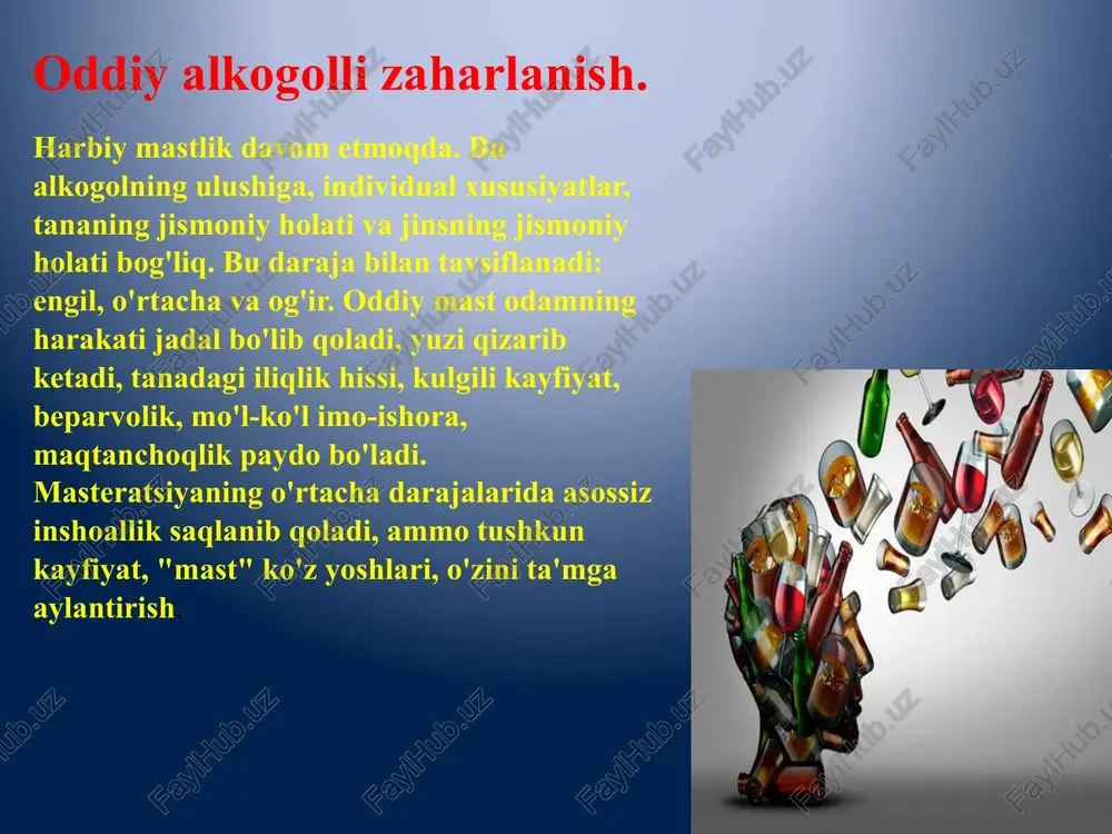 avishda bemor giyohvand moddalar bo'yicha manzillar: 60-70%. ayni paytda alkogolizm va giyohvandlik muammosi jamiyatning normal ishlashiga ta'sir etuvchi ijtimoiy patologiyalar majmui. ushbu muammoning qarori bilan tibbiy-ijtimoiy ishchilar bilan bir qatorda davlat davlat, fuqarolik jamiyati va turli davlat muassasalari bilan shug'ullanadi. ushbu o'latni engishning bir usuli - sog'lom turmush tarzi, alkogol va giyohvand moddalar ijtimoiy va tibbiy oqibatlarining ijtimoiy va tibbiy ko'riklari, shuningdek, yoshlarning ongiga samarali ta'sir qiladi. mamlakatimizga alkogolizm va giyohvandlik muammosi juda zo'r. ma'lumki, kasallik davolashdan ko'ra kasallik osonroq, shuning uchun bugungi kunda samarali emas, bu muammoning sabablarini yo'q qilish kerak. ushbu vaziyatdan nisbatan sodda chiqish, alkogol ichimliklar narxlarining pasayishi bo'lishi mumkin, ular ularning mavjudligini kamaytiradi. giyohvand moddalarga kelsak, bu erda ancha qiyin. bugungi kunda giyohvandlik muammosi dunyoda ham, rossiyada ham hal qilinmagan. shunday qilib, xulosa qilishimiz mumkinki, ushbu ishning maqsadiga erishildi: alkogolizm va giyohvandlik muammosi o'rganildi, ularning paydo bo'lishining sabablari va profilaktikasi sabablari aniqlandi. spirtli ichimliklarni iste'mol qilish …