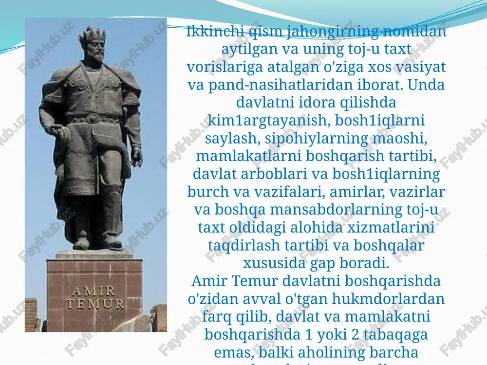 zaki qaraganda, murshid shogirdiga jabr qilgandek tuyuladi. lekin bu «jabr» muridni tarbiyalash va chiniqtirish uchun juda zarur ekan. shu sabab «ota mehridan -ustoz jabri afzal» , degan purma'no maqol yarati1gan. bunga monand amir temur: «piri komil shayx bahouddin n aqshbandiyning: «kam yegin, kam ux1a, kam gapir» , degan pand- u nasihatlariga amal qildim. arkoni davlatga, barcha mu1ozim1arga ham aytar so'zim shu bo'ldi: «kam yenglar -ocharchi1ik ko'rmaysiz1ar, boy-badavlat yashaysiz1ar , kam uxlanglar -mukammallikka erishasiz1ar, kam gapiringlar dono bo'lasizlar. amir temur xiv asrda buyuk temuriylar davlatiga asos soldi. 1,5 mln. kv. km. hududda- o'rta osiyo, qozog'iston, shimoliy kaspiy, shimolda ural, g'arbda sibir, kustanay soyliklari, sharqda markaziy qozog'iston va tyanshan janubiy etaklari, pomir tog'liklari, kopetdog' oldi hududlarida o'z imperiyasini tuzdi. 27 ta podshohlikni amir temur xitoy chegaralaridan boshlab to sharqiy rum va misr yerlarigacha bo'lgan hududlarni islom bayrog'i ostida yagona davlatga birlashtirdi. sohibqiron tomonidan barpo eti1gan markazlashgan mustahkam davlat qariyb 1,5 asr o'z …