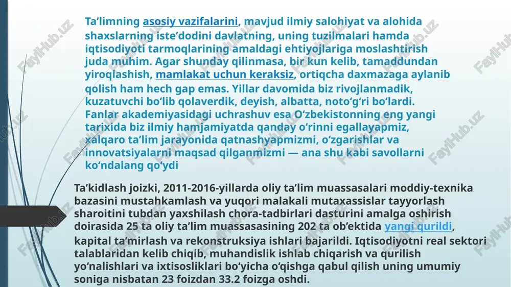 ni mustahkamlashga keng eʼtibor qaratib kelmoqda. bu borada olimlarni, ayniqsa, yosh olimlarni har tomonlama qoʻllab-quvvatlab, ularning uy-joy va maishiy sharoitlarini yaxshilash gʻoyalarini ilgari surmoqda. umuman aytganda, davlatimiz rahbari tomonidan ilm-fan sohasi va ilmiy-tadqiqot ishlarining kelgusi 10 yillikda moliyalashtirish hajmini kengaytirish va moliyalashtirish manbalarining maqsadli parametrlariga erishish boʻyicha kompleks chora-tadbirlar belgilab berildi. xulosa qilib aytganda barcha e’tibor, barsha shart sharoitlar hammasi yoshlar uchun. axir o‘zbekiston kelajagi yoshlar qo‘lida. o‘zbekiston yoshlari yangi o‘zbekistonning poydevorlari hisoblanadi ashurmurodova mahzuna miryahyoyeva elmira ahmedova arofat image1.jpeg image2.jpeg image3.jpeg image4.jpeg /docprops/thumbnail.jpeg mustagillik yillarida ilm- fanni rivojlanishi ote / attri sone oon 2. oty faim tanto hota va arin ‘montod va veto ‘tratimsohosdog schoo yuksok nator emogda xetosa.