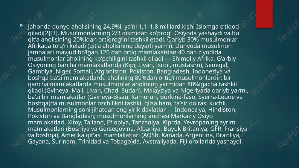 lim population by country 2021“. world population review. qaraldi: 22-iyul 2021-yil. „religious composition by country, 2010-2050“. pew research center (2-aprel 2015-yil). 15-iyun 2020-yilda asl nusxadan arxivlangan. qaraldi: 5-may 2020-yil. (wayback machine saytida 15-iyun 2020-yil sanasida arxivlangan) qur’oni karim, 6-sura, 125-oyat qur’oni karim 5-sura, 3-oyat "encyclopaedia of islam online" l. gardet, j. jomier 2007-05-02 "oʻzbekiston milliy ensiklopediyasi". davlat ilmiy nashriyoti. („www.ziyouz.com kutubxonasi“ dan olindi.) oʻzme. birinchi jild. toshkent, 2000-yil e’tiboringiz uchun rahmat image6.jpg image7.jpeg image8.jpeg image9.jpeg image10.jpg image2.png image3.png image4.png image5.png davlatlar aholisi tarkibi islom dinida e'tiqad © qiluvchi 10% yashil: sunniy mintaqalar, qizil: shiya mintaqalar, ko‘k: |bodiylar (ummon) ushbu magola bir necha turkumdan iborat islom - masjid - haj ka’ba qismiari 4 1) qora tosh - 2 2) eshik - 3 3) tarnov - 4 4) poydevor - § 5) hijri ismoll - 6 6) multazam - 7 7) magomi ibrohim - 8 8) qora tosh burchagi - 9 9) …