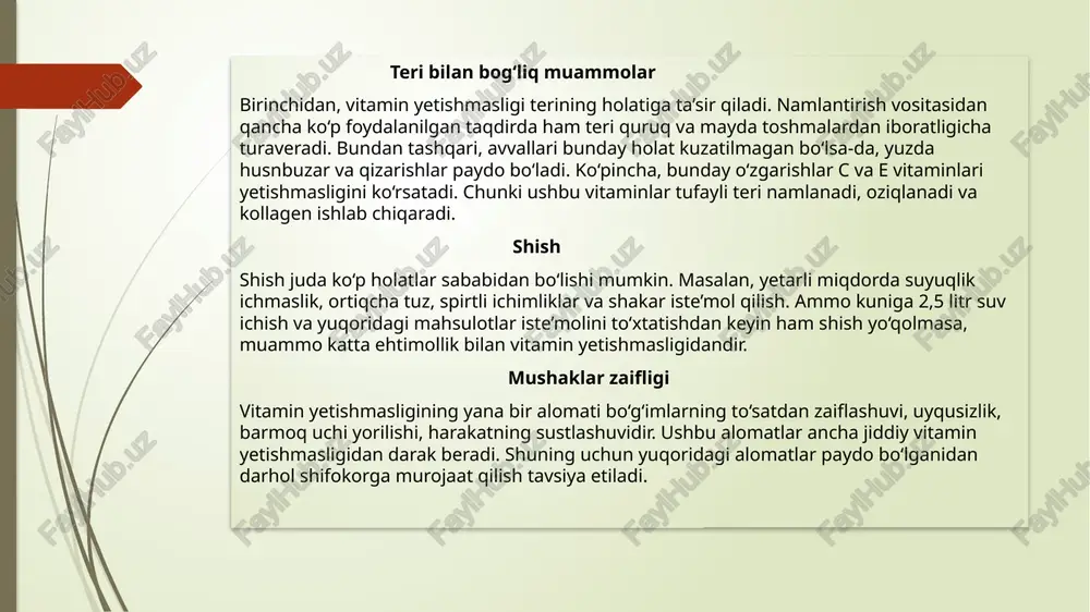 ilan qoplanadi. b6 vitamini yetishmasligi alomatlari (giporiboflavinoz) konyunktivit rivojlanadi. lablarning qizil chegarasi quriydi va po’stlashadi, og’iz burchaklarida yoriqlar paydo bo’ladi. til qip-qizil, porloq bo’ladi. tish izlari uning yon tomonlarida paydo bo’ladi b12 vitamini yetishmasligi alomatlari anemiya va atrofik gastrit belgilari rivojlanadi. tilda kuyish va sanchish o’choqlari hosil bo’ladi. mushak tonusi zaiflashadi, bemorning yurishi o’zgaradi. c vitamini yetishmasligi alomatlari (milk kasalligi) tish go’shti shishadi va qon ketadi. teri ingichka bo’lib, quruq, mo’rt bo’lib qoladi. tizza bo’g’imlarining gemartrozi rivojlanadi, tishlar bo’shashadi va to’kiladi. avitaminoz — tashxislash vitamin yetishmovchiligining belgilari gastroenterologga tezda murojaat qilish kerakligini anglatadi. shifokor bemorni fizik tekshiruvdan o’tkazadi va anamnez uchun ma’lumot to’playdi. avitaminoz namoyon bo’lishi o’ziga xosdir, shuning uchun ko’p hollarda tashxis qo’yish qiyinchilik tug’dirmaydi. laboratoriya sharoitida bemorning biomateriallarini tahlil qilish vitamin yetishmasligi darajasini baholash va unga olib kelishi mumkin bo’lgan patologiyalarni aniqlashga imkon beradi. surunkali patologiyalar mavjud bo’lganda yoki vitamin yetishmovchiligini keltirib chiqaradigan dorilar bilan davolanishda bemorga shifokorlar …