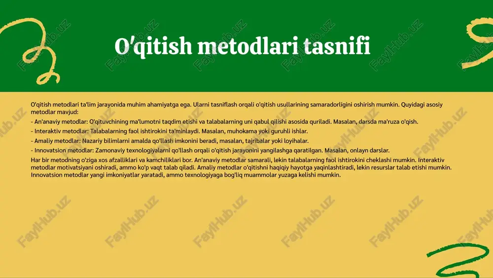chilarni birlashtirib, jamoaviy ish olib borishga imkon beradi, bu esa o'zaro o'rganish va hamkorlikni rivojlantiradi. masalan, guruh muhokamalari va loyiha ishlari o'quvchilarga birgalikda ishlashni o'rganishga yordam beradi. tasniflarning afzalliklari har bir tasnifning o'ziga xos afzalliklari va foydalanish joylari mavjud. aktiv metodlar o'quvchilarning qiziqishini oshiradi va mustaqil fikrlashni rivojlantiradi, passiv metodlar esa o'qituvchining bilimlarini o'quvchilarga yetkazishda samarali hisoblanadi. individual metodlar shaxsiy yondashuvni ta'minlaydi, bu esa o'quvchilarning o'zini yaxshi his qilishlariga yordam beradi. guruh metodlari esa jamoaviy ko'nikmalarni shakllantirishda muhimdir, bu esa kelajakda ish joylarida muvaffaqiyat qozonishlariga yordam beradi. o'qitish metodlarining mazmuni o'qitish jarayoni uchun muhim ahamiyatga ega. ularning asosiy ko'rinishlari nazariy, amaliy va interaktiv metodlarni o'z ichiga oladi. har bir metod, o'qituvchining maqsadlariga erishishda qanday rol o'ynashini belgilaydi. o'qitish jarayonida metodlar talabalarning faol ishtirokini oshiradi, bu esa ularning o'rganish samaradorligini yaxshilaydi. bundan tashqari, o'qitish metodlarining ta'siri, talabalarning bilimlarni qabul qilish va mustahkamlashidagi muhim omil sifatida namoyon bo'ladi. metodlarning mazmunini tahlil qilish …